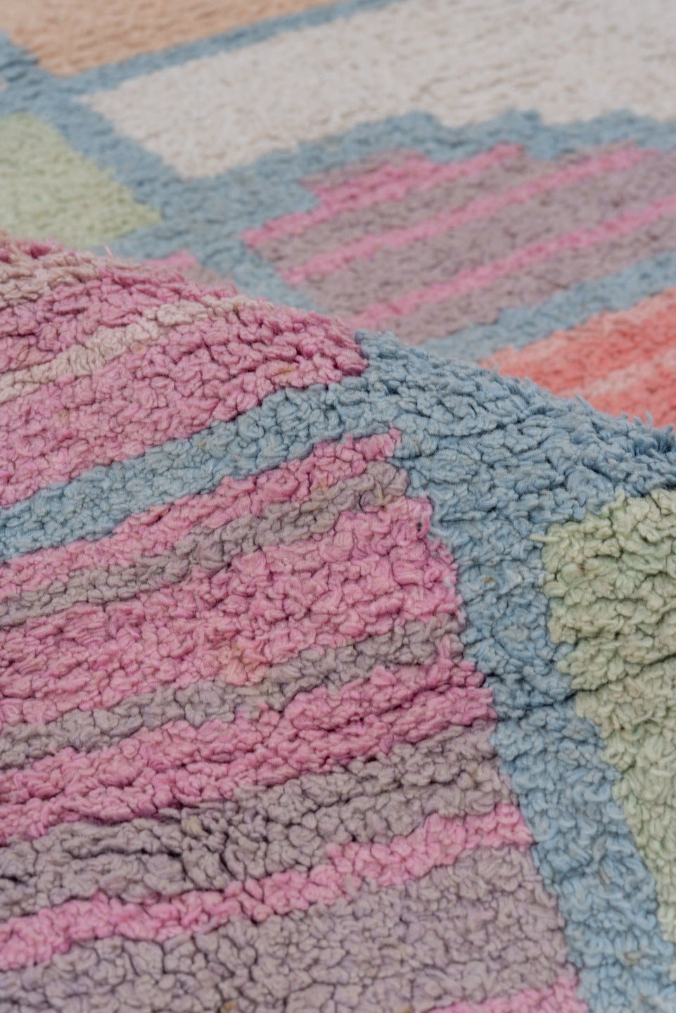 3' x 5' one-of-a-kind handmade vintage Cotton Agra small size rug. Color palette: sky blue, pink, ivory, sage, coral