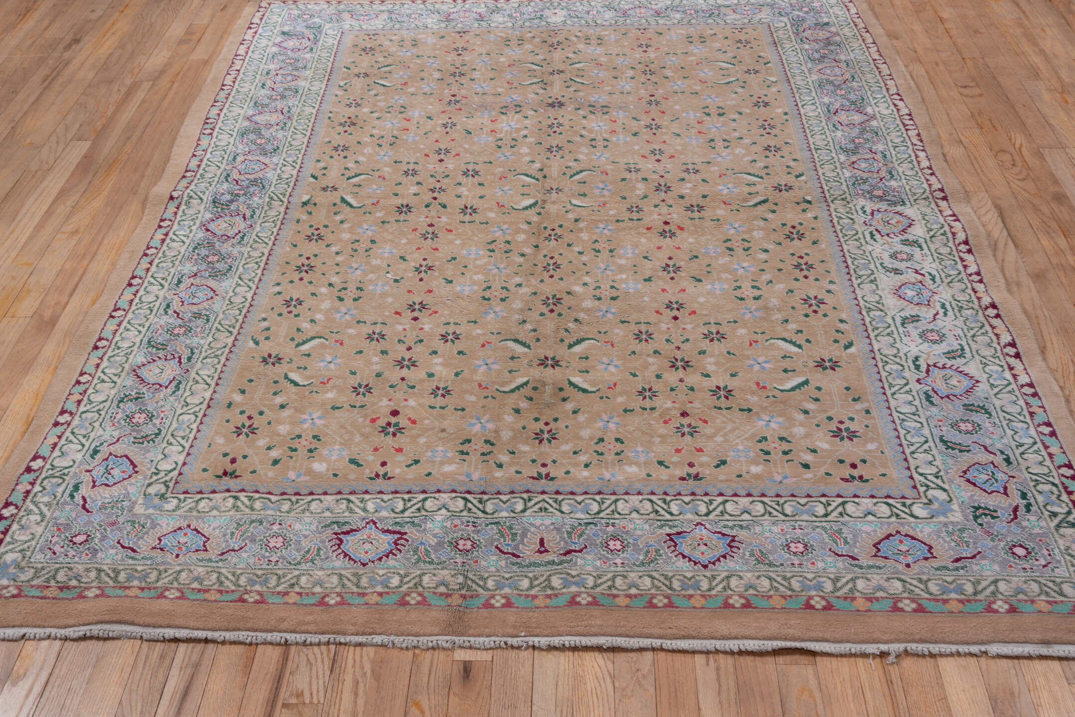6' x 8' one-of-a-kind handmade vintage Agra medium size rug. Color palette: camel, ivory, sage, sky_blue, burgundy, rose