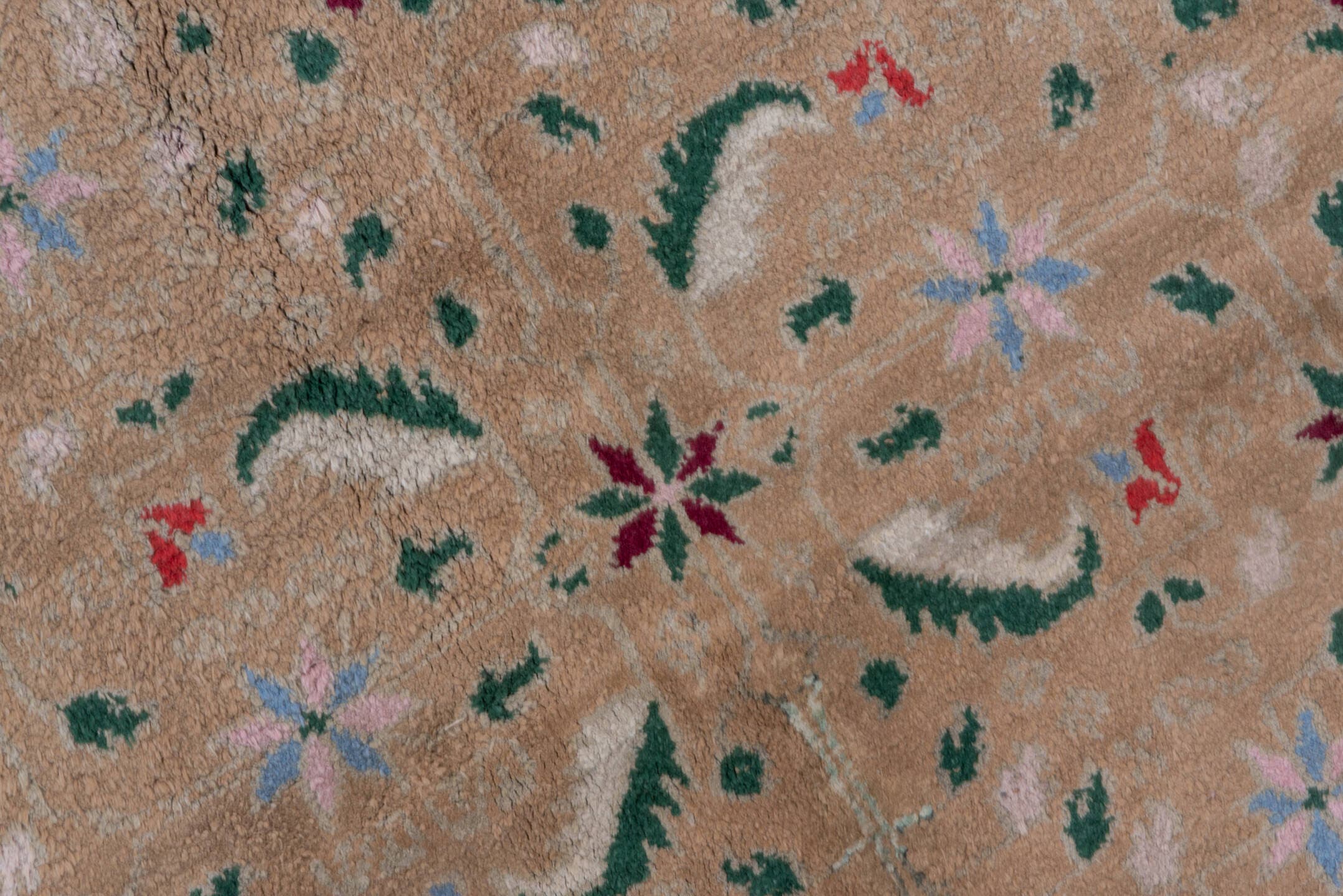 6' x 8' one-of-a-kind handmade vintage Agra medium size rug. Color palette: camel, ivory, sage, sky_blue, burgundy, rose