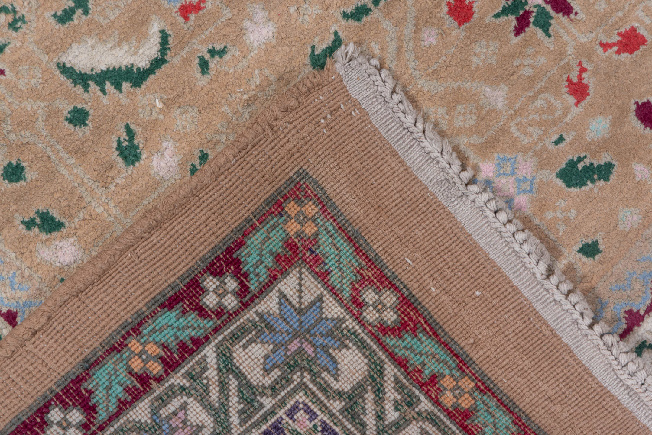6' x 8' one-of-a-kind handmade vintage Agra medium size rug. Color palette: camel, ivory, sage, sky_blue, burgundy, rose