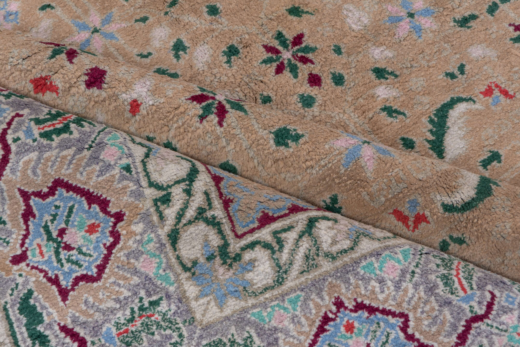 6' x 8' one-of-a-kind handmade vintage Agra medium size rug. Color palette: camel, ivory, sage, sky_blue, burgundy, rose