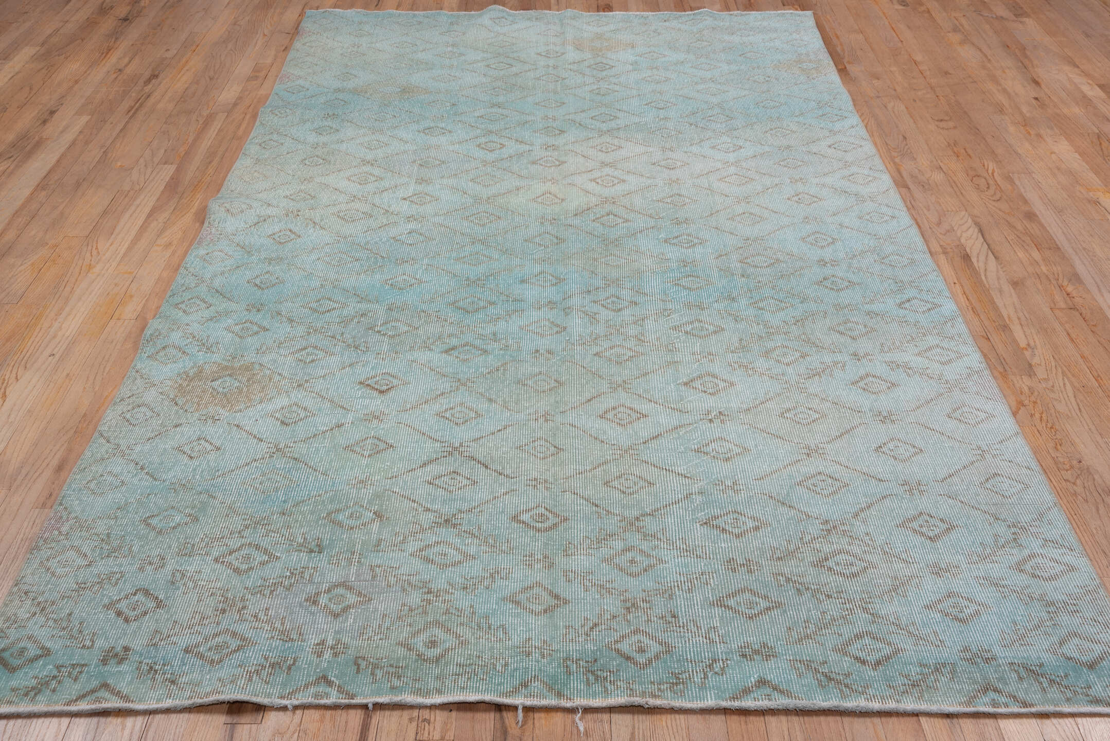 6' x 9' one-of-a-kind handmade vintage Overdyed medium size rug. Color palette: aqua, ivory, taupe, beige, teal, gray
