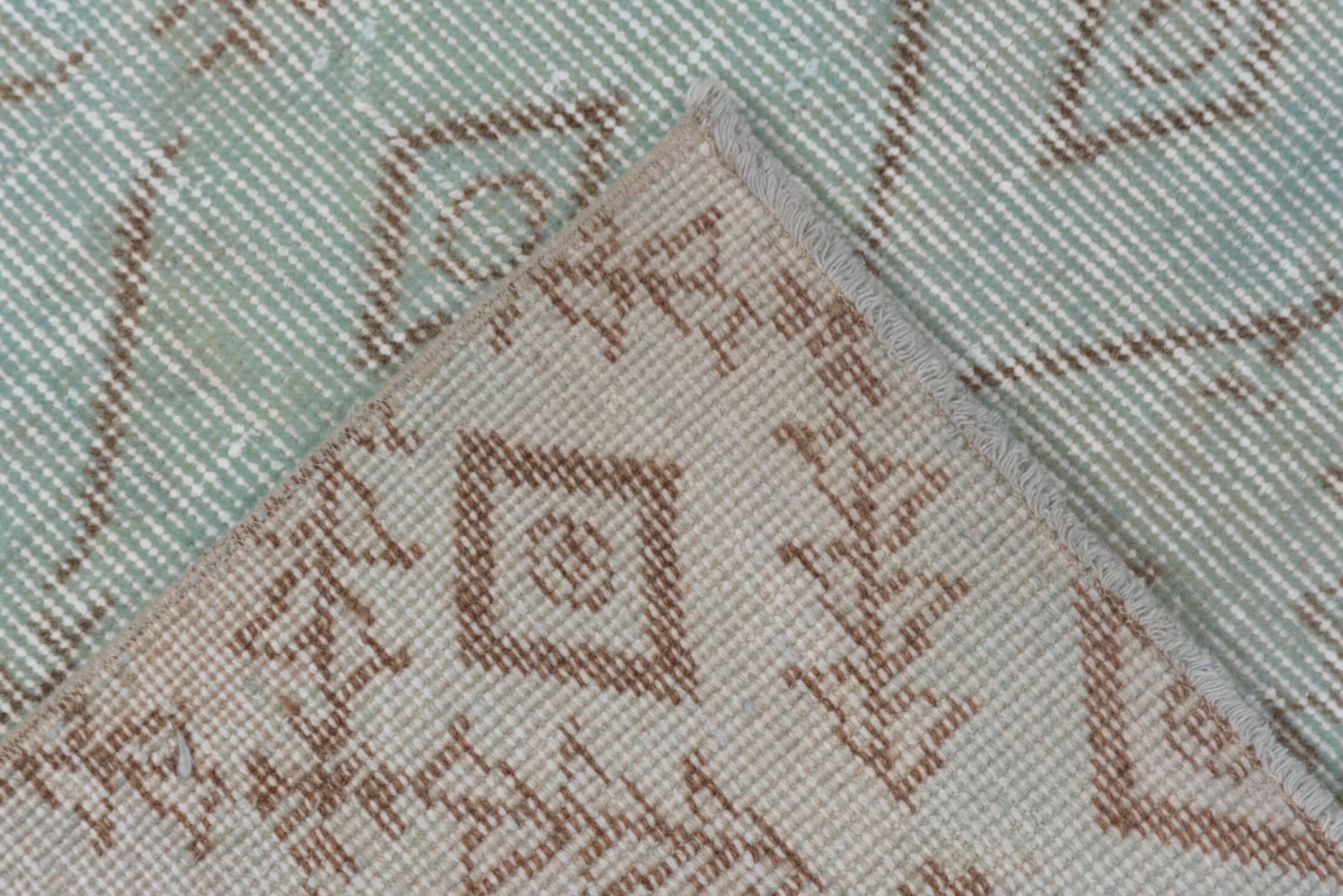 6' x 9' one-of-a-kind handmade vintage Overdyed medium size rug. Color palette: aqua, ivory, taupe, beige, teal, gray