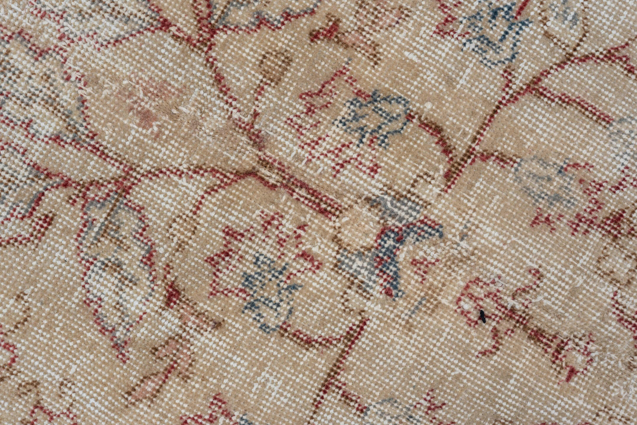 6' x 10' one-of-a-kind handmade vintage Oushak large size rug. Color palette: ivory, blush, pale blue, rust, beige, rose