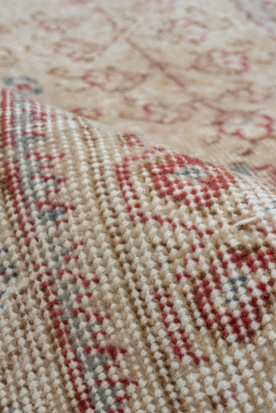 6' x 10' one-of-a-kind handmade vintage Oushak large size rug. Color palette: ivory, blush, pale blue, rust, beige, rose