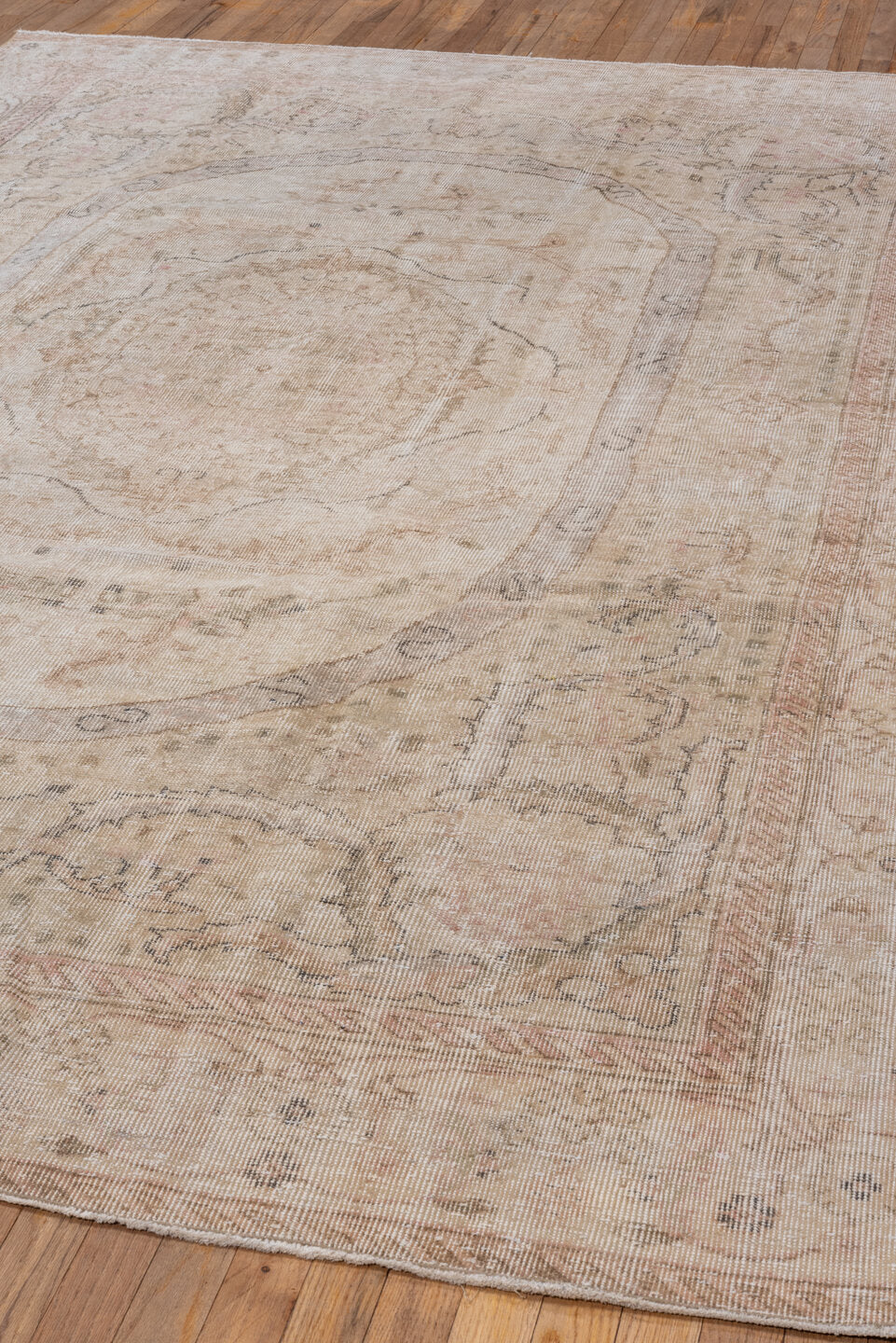 6' x 10' one-of-a-kind handmade vintage Oushak large size rug. Color palette: ivory, blush, taupe, beige, pale rose