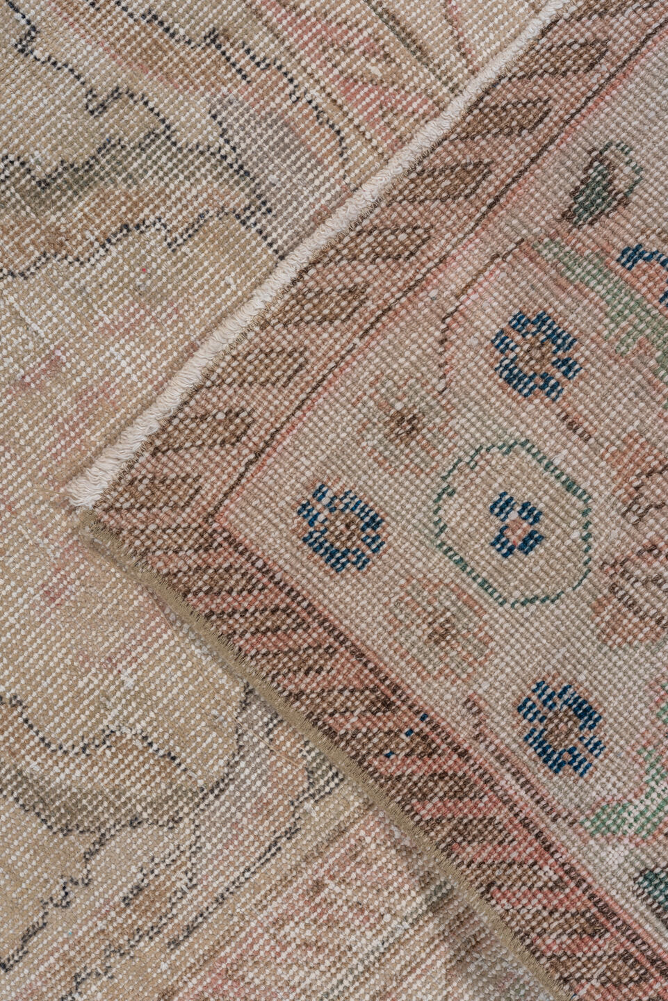 6' x 10' one-of-a-kind handmade vintage Oushak large size rug. Color palette: ivory, blush, taupe, beige, pale rose