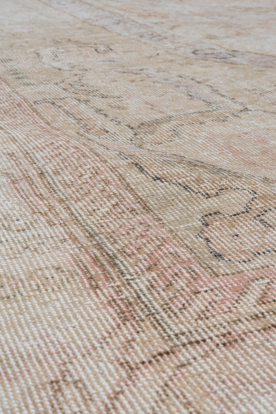 6' x 10' one-of-a-kind handmade vintage Oushak large size rug. Color palette: ivory, blush, taupe, beige, pale rose