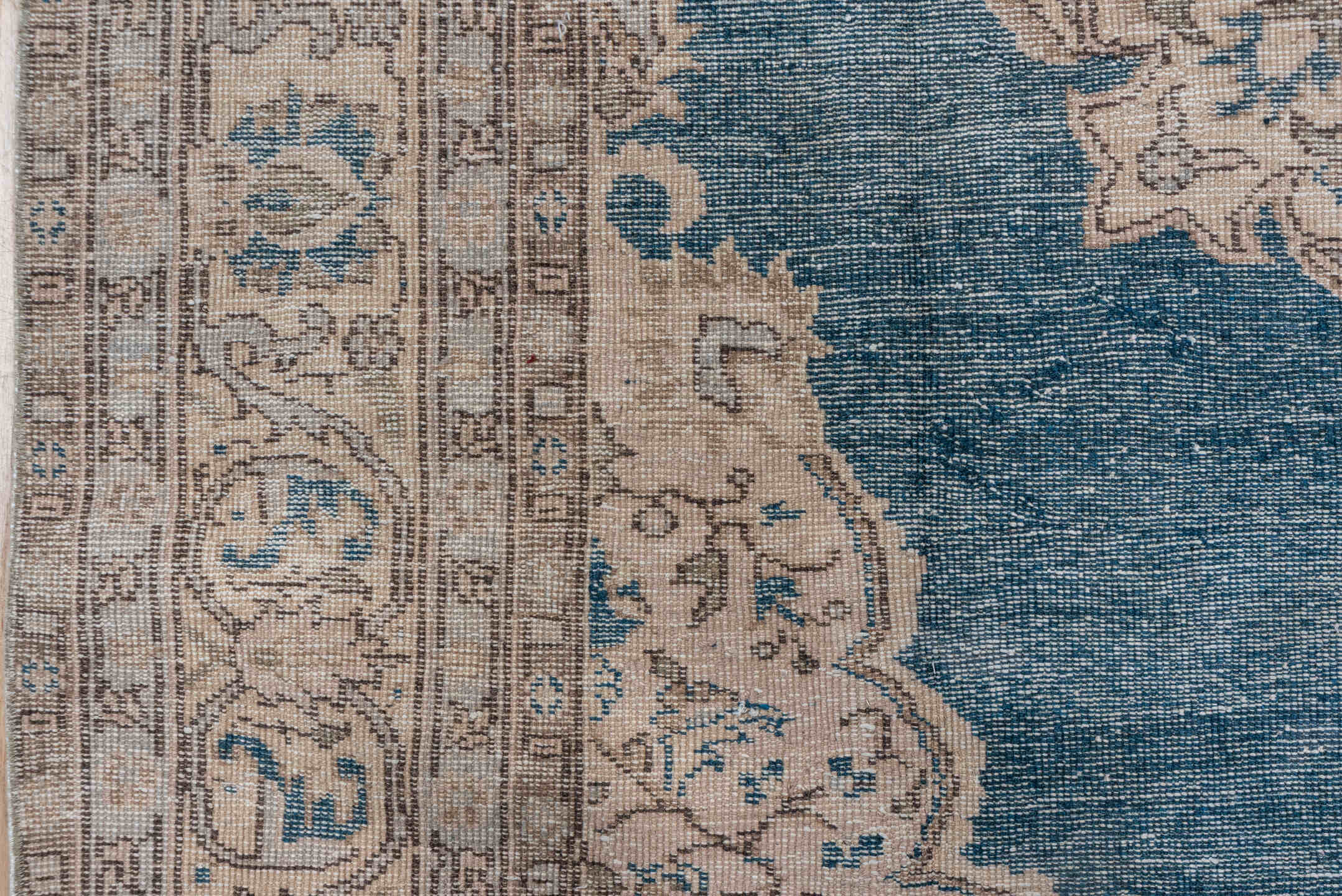 6' x 10' one-of-a-kind handmade vintage Oushak large size rug. Color palette: blue, ivory, taupe, beige, slate, gray