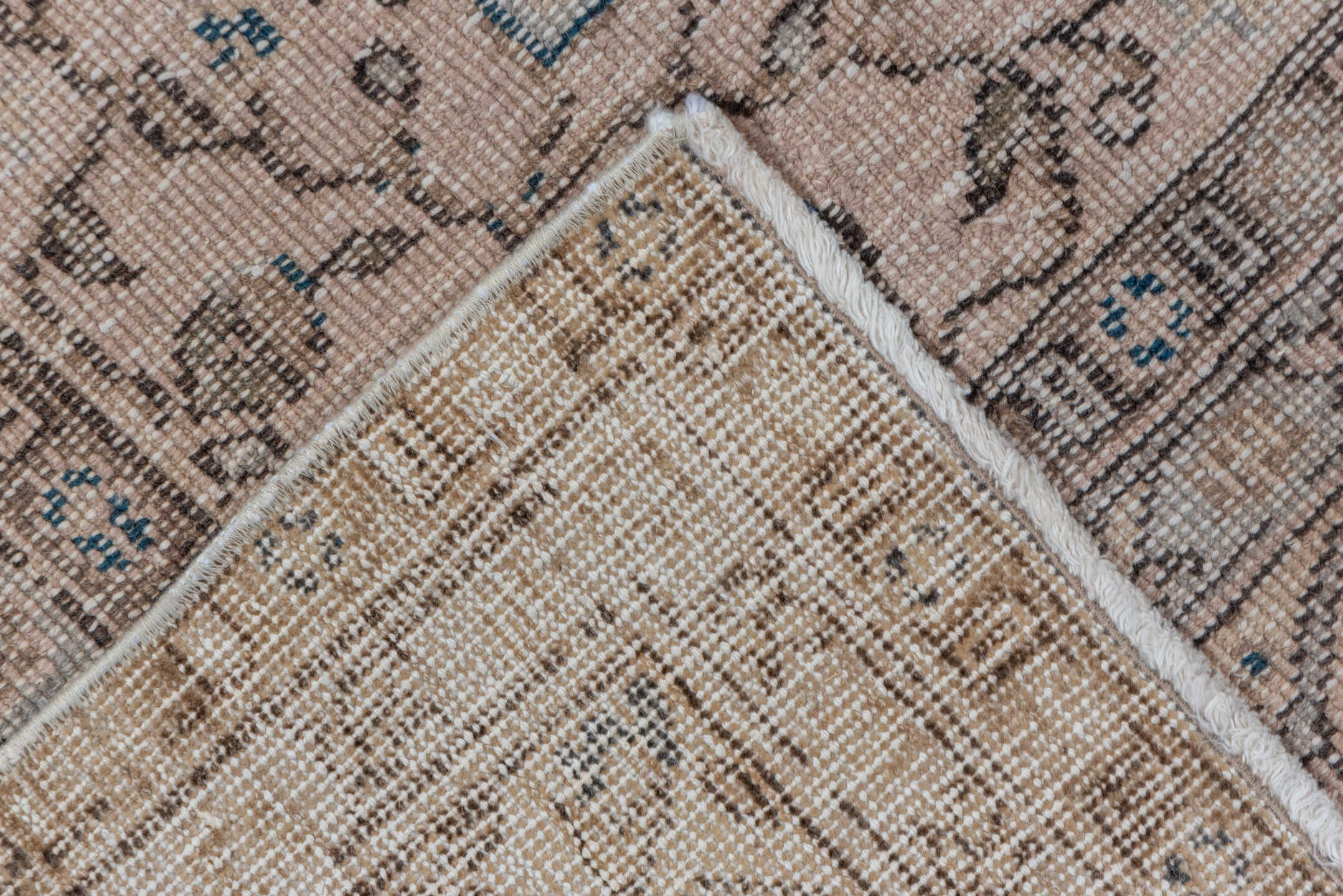 6' x 10' one-of-a-kind handmade vintage Oushak large size rug. Color palette: blue, ivory, taupe, beige, slate, gray