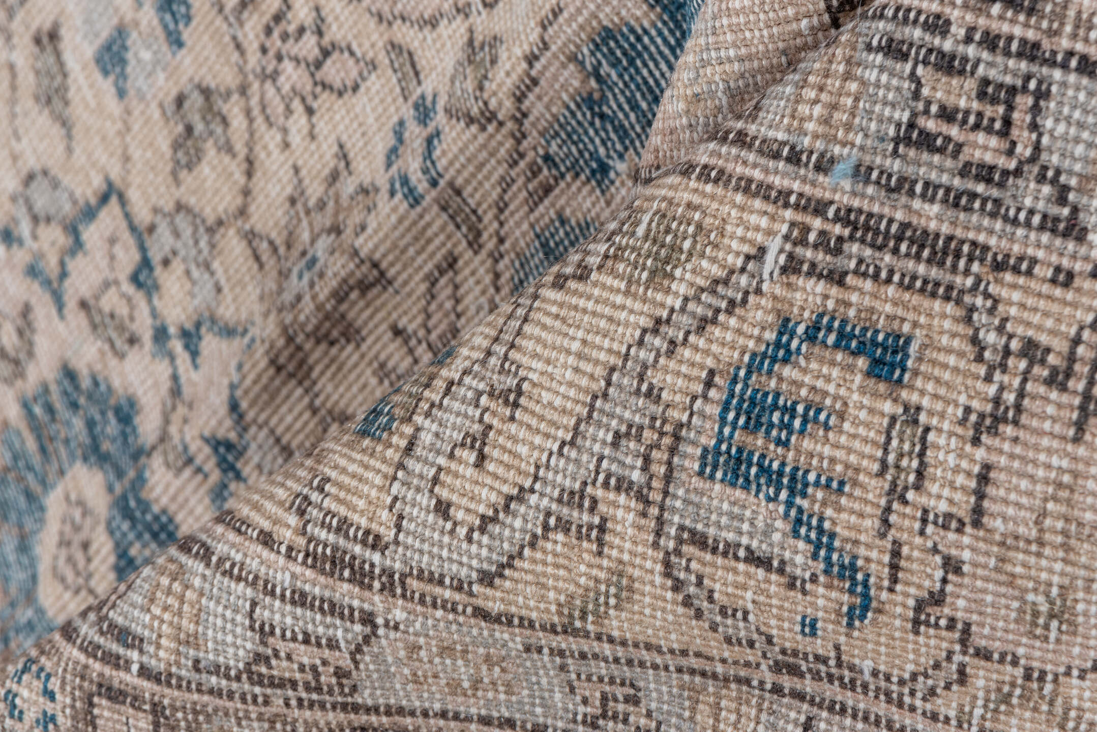 6' x 10' one-of-a-kind handmade vintage Oushak large size rug. Color palette: blue, ivory, taupe, beige, slate, gray