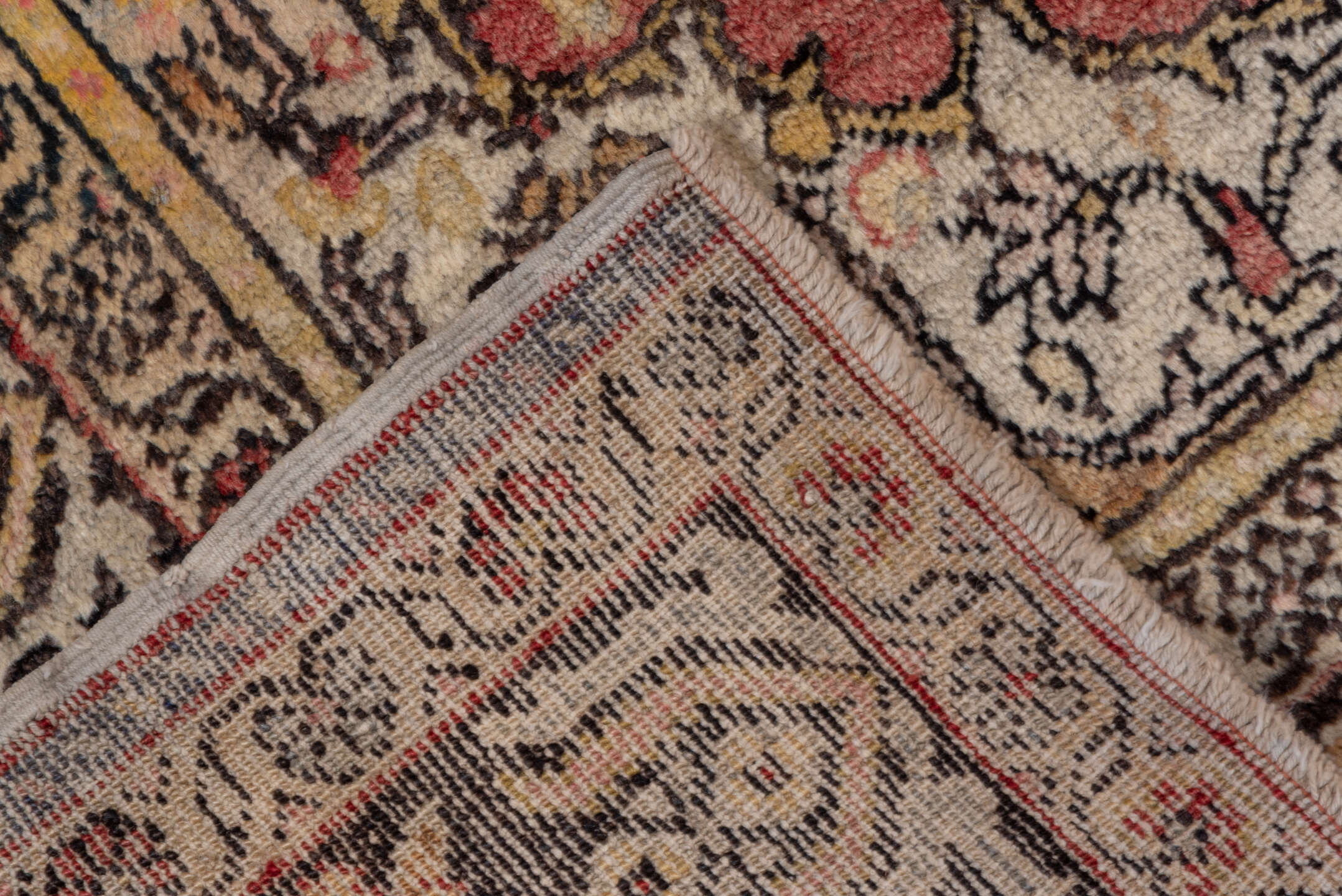 4' x 6' one-of-a-kind handmade vintage Oushak small size rug. Color palette: brown, gray, light gray, off-white, pink, red