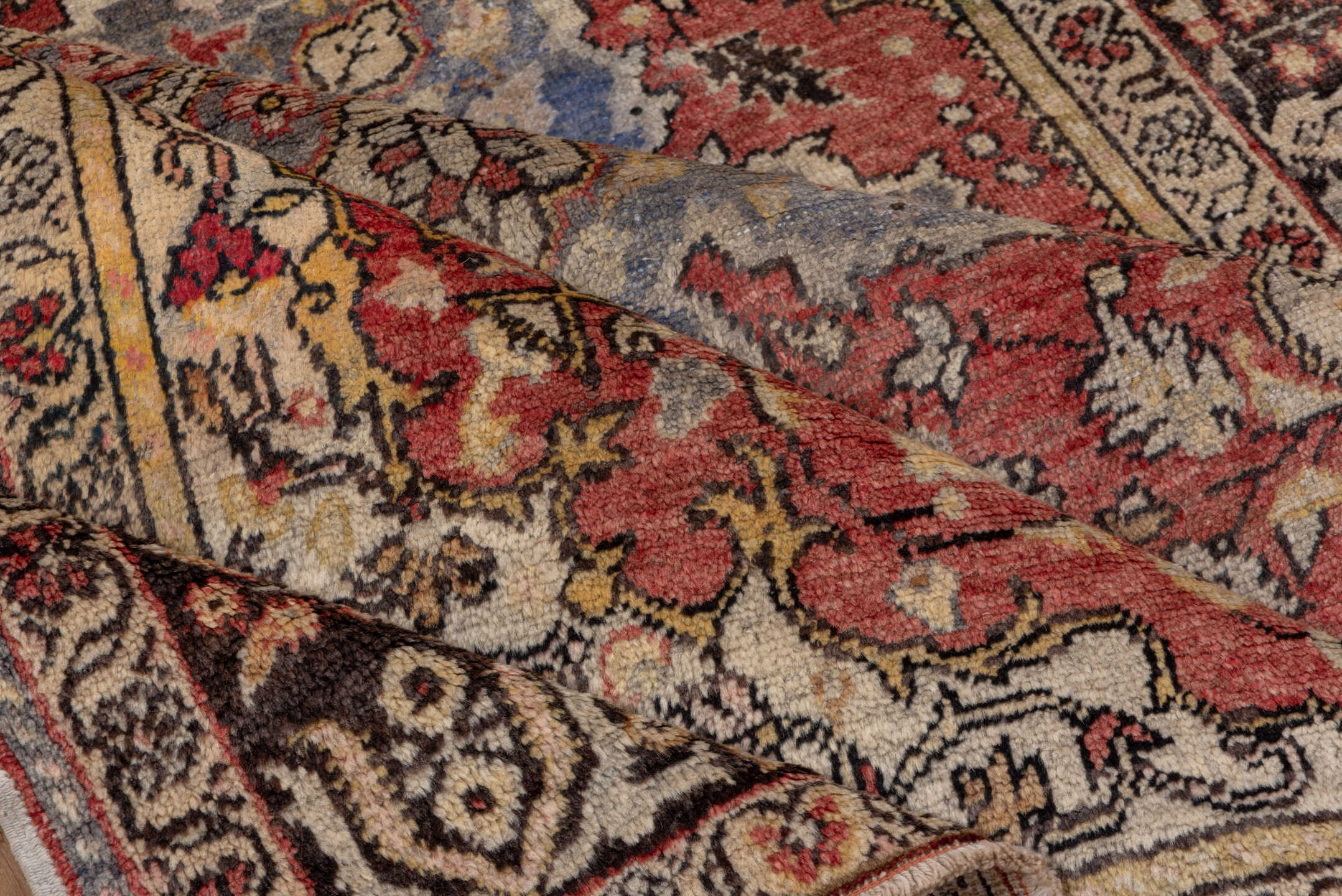 4' x 6' one-of-a-kind handmade vintage Oushak small size rug. Color palette: ivory, rust, blue-gray, charcoal, rose, taupe