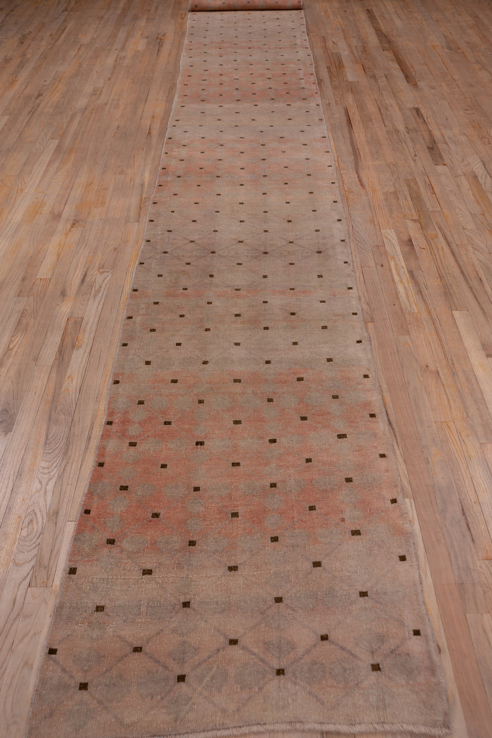 2' x 19' one-of-a-kind handmade vintage Oushak runner rug. Color palette: brown, gray, light gray, off-white, pink, snow