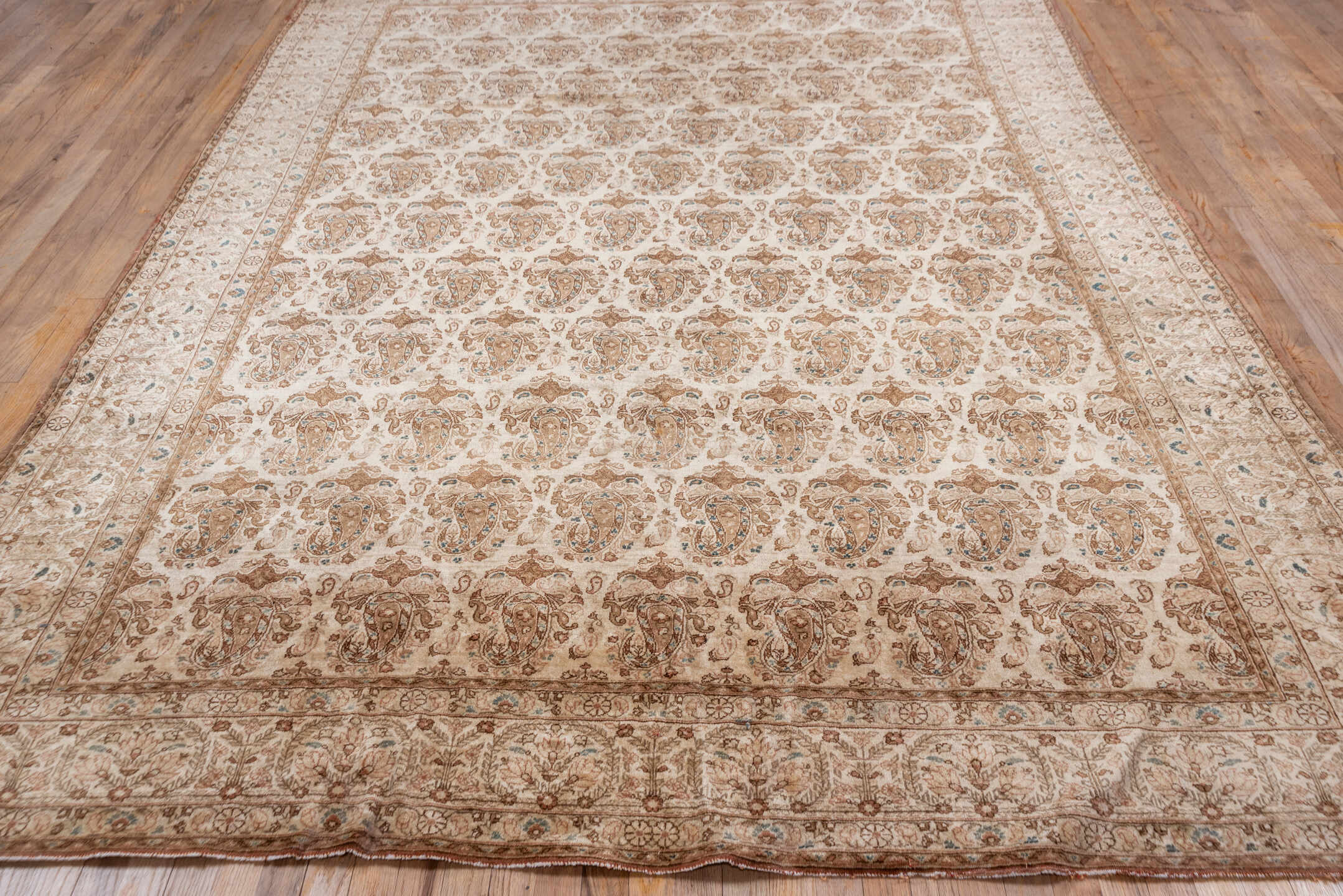 7' x 10' one-of-a-kind handmade antique Qum large size rug. Color palette: ivory, rose, taupe, camel, beige, sienna, pink