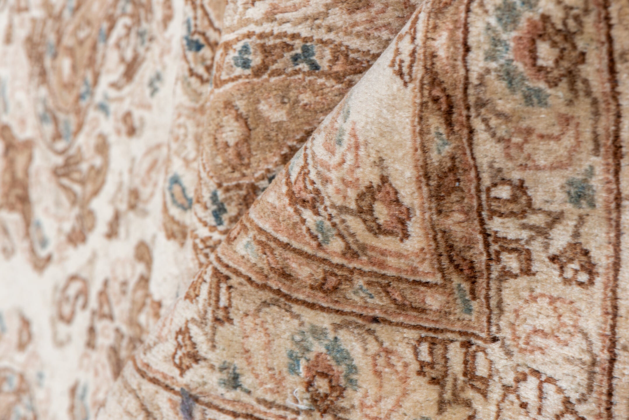 7' x 10' one-of-a-kind handmade antique Qum large size rug. Color palette: ivory, rose, taupe, camel, beige, sienna, pink