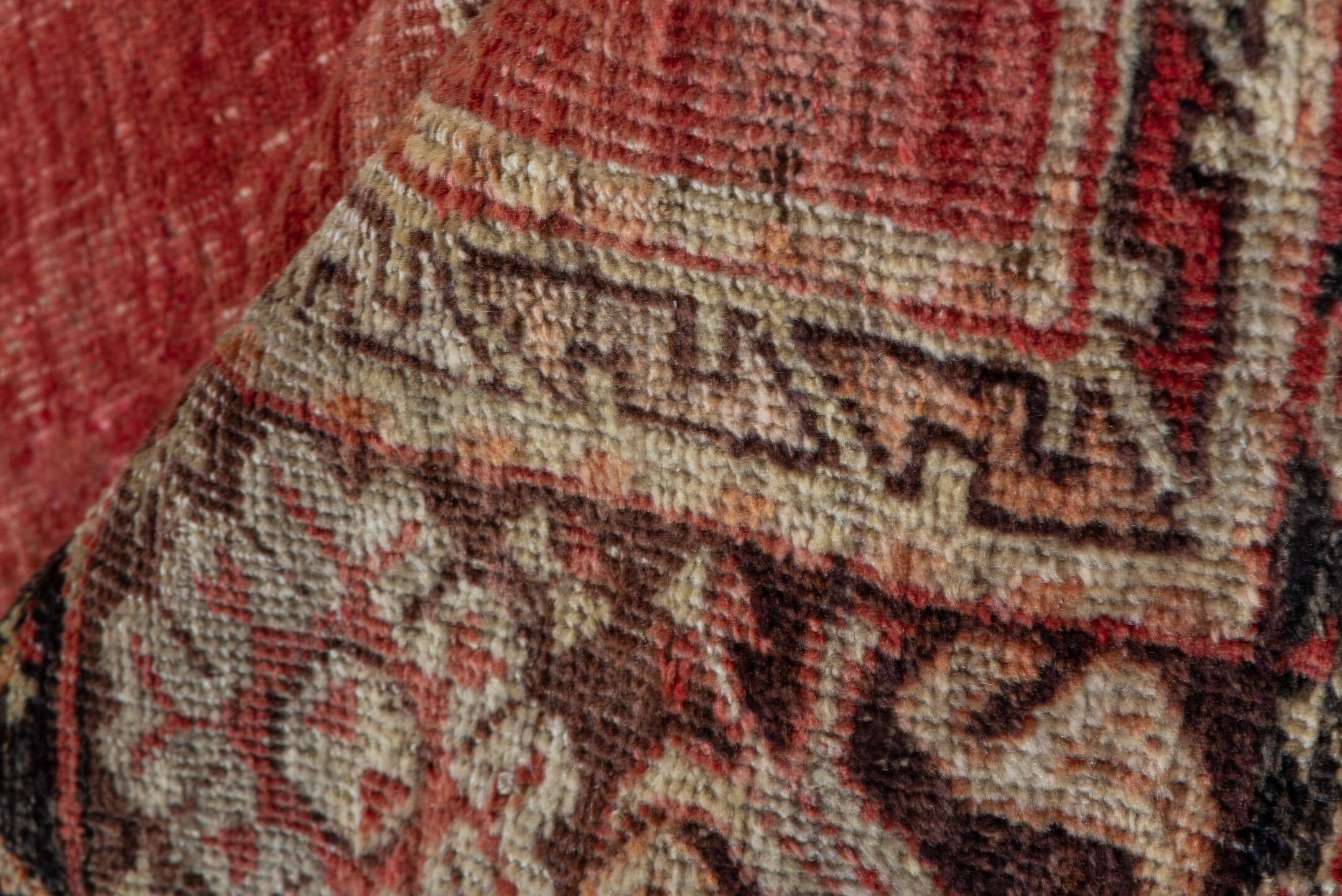 3' x 11' one-of-a-kind handmade vintage Oushak runner rug. Color palette: rose, burgundy, ivory, blush, charcoal, taupe