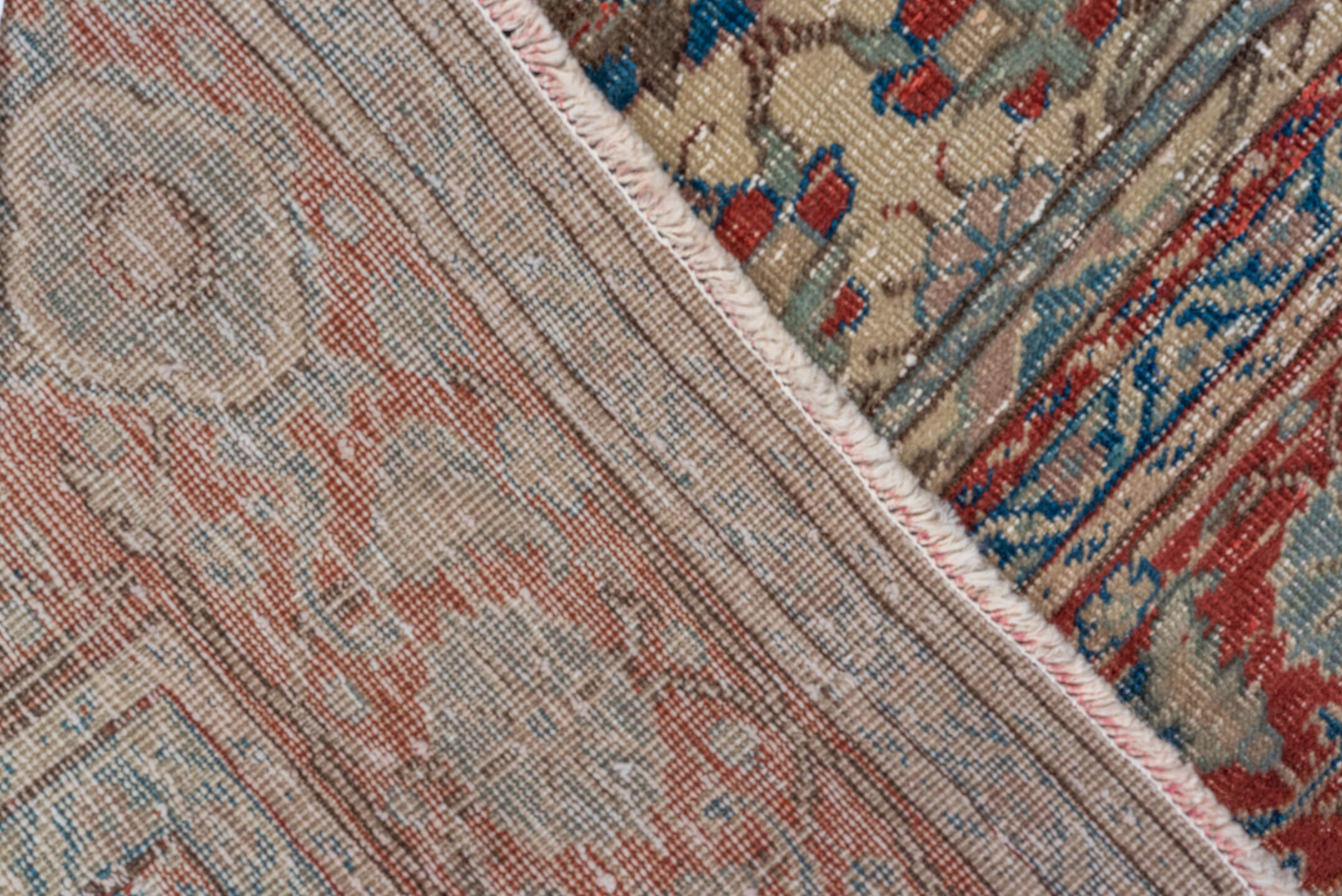 5' x 7' one-of-a-kind handmade vintage Kaisary rug. Color palette: ivory, rust, blue, slate, taupe, camel, terracotta, brown