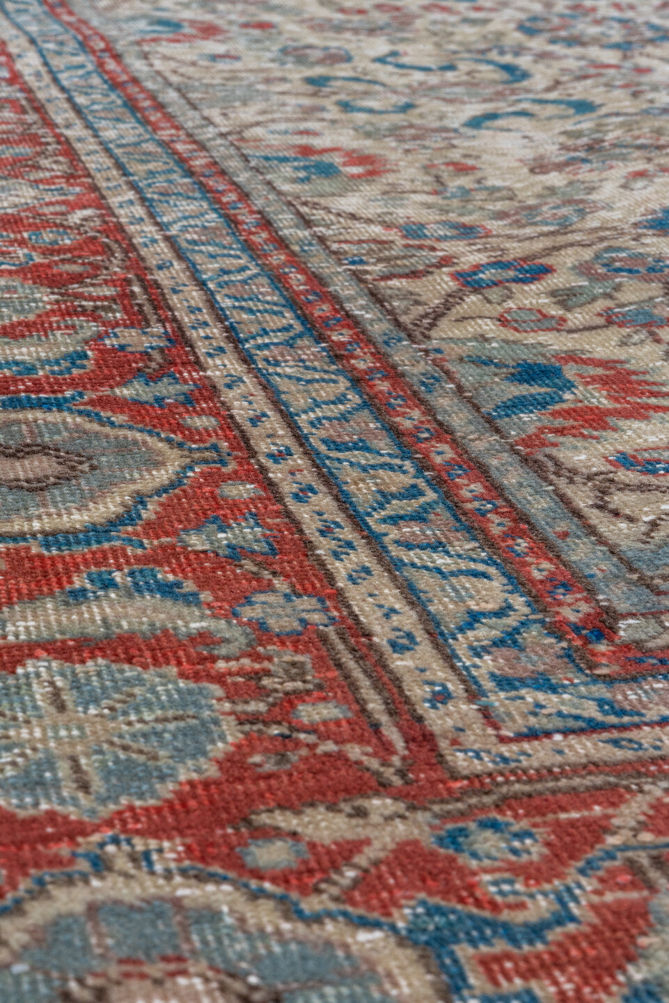 5' x 7' one-of-a-kind handmade vintage Kaisary rug. Color palette: arapawa, blue, brown, dark gray, gray, pink, red, redwood