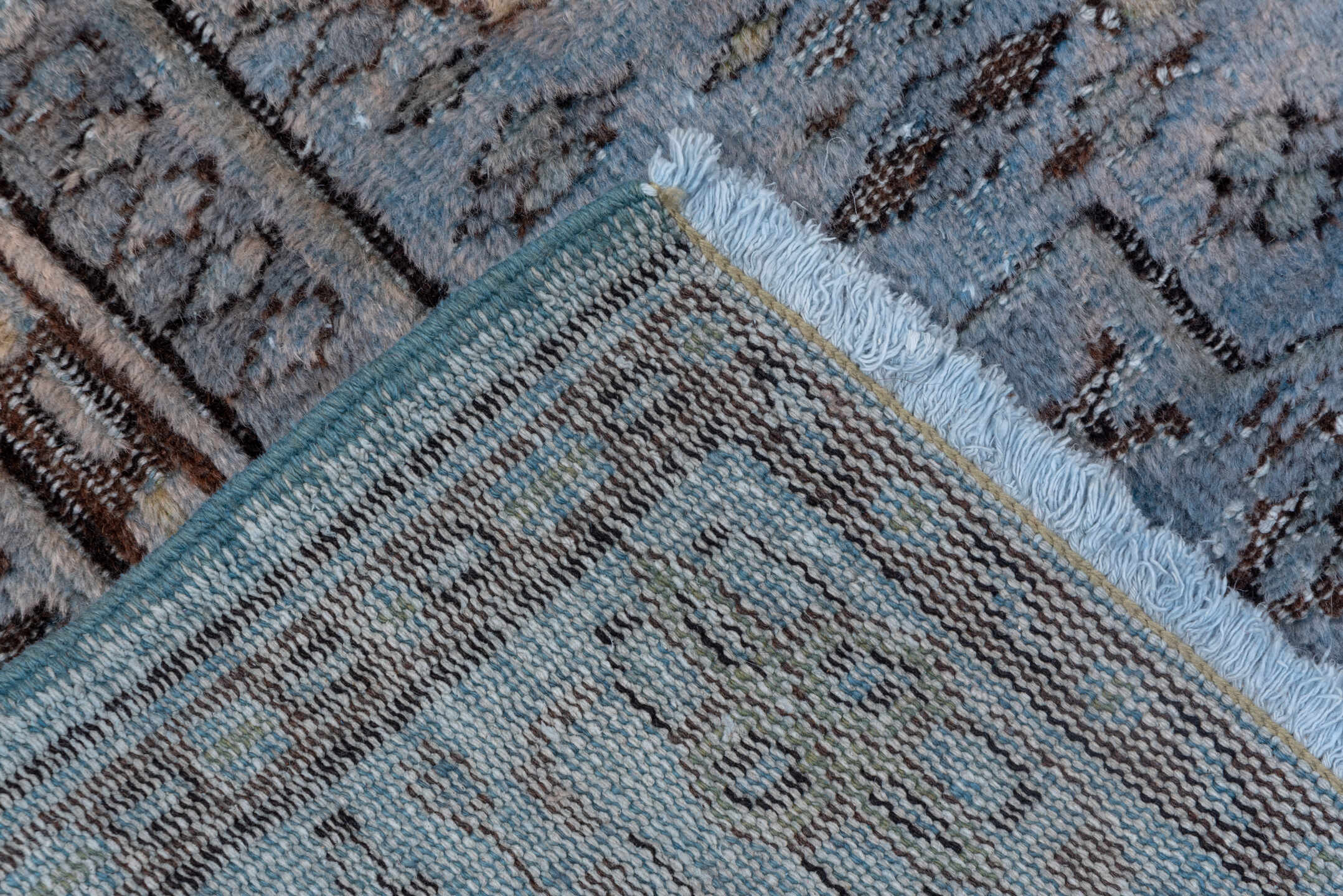 6' x 9' one-of-a-kind handmade vintage Overdyed medium size rug. Color palette: sky blue, slate, taupe, charcoal, ivory