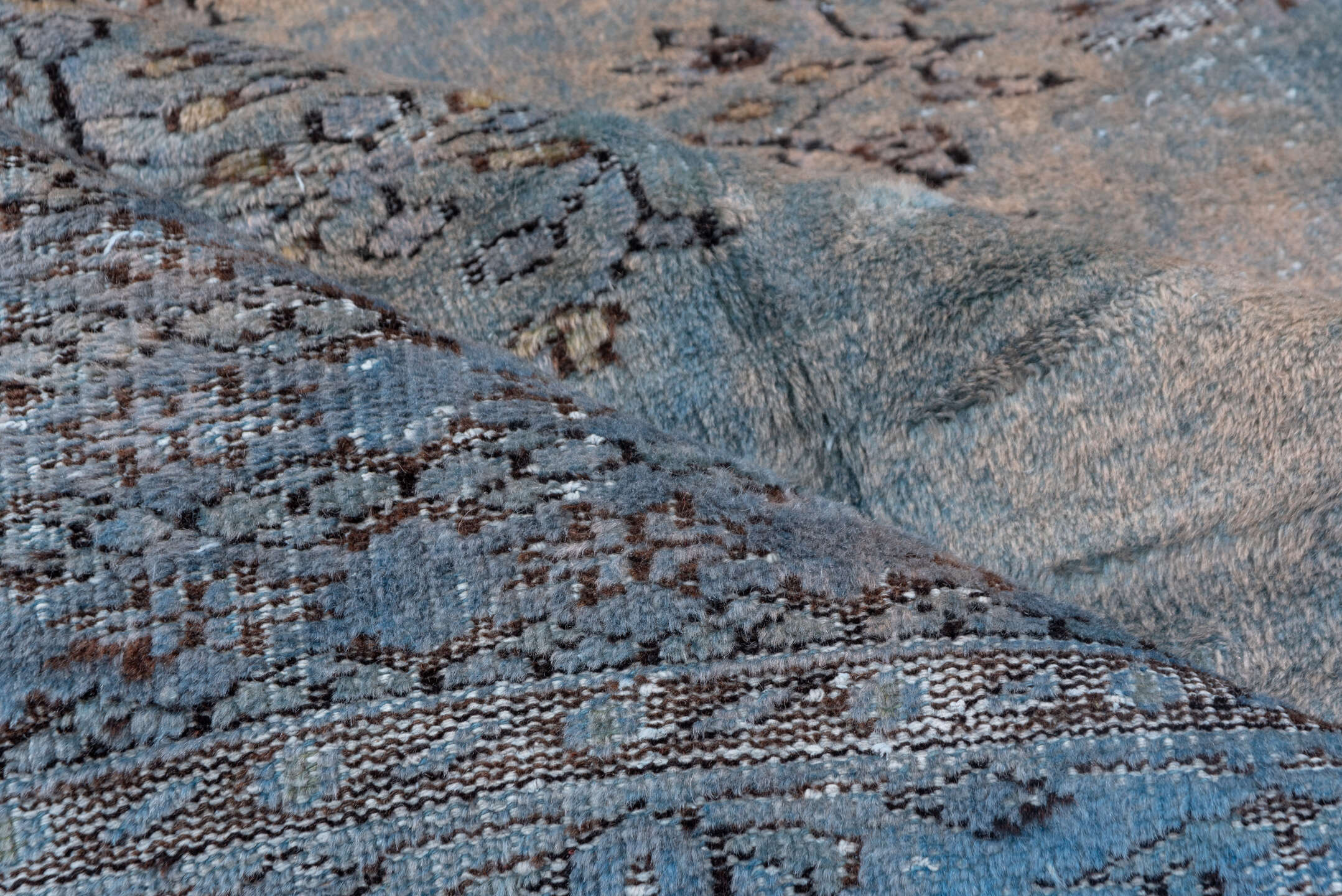 6' x 9' one-of-a-kind handmade vintage Overdyed medium size rug. Color palette: sky blue, slate, taupe, charcoal, ivory