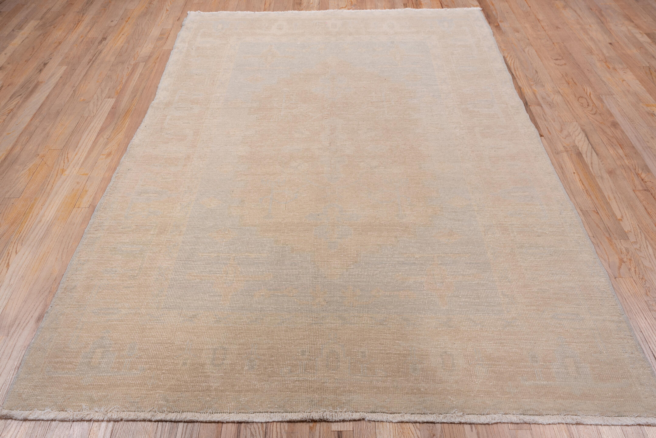 5' x 8' one-of-a-kind handmade vintage Oushak medium size rug. Color palette: blush, ivory, taupe, beige, sand, pink, gray
