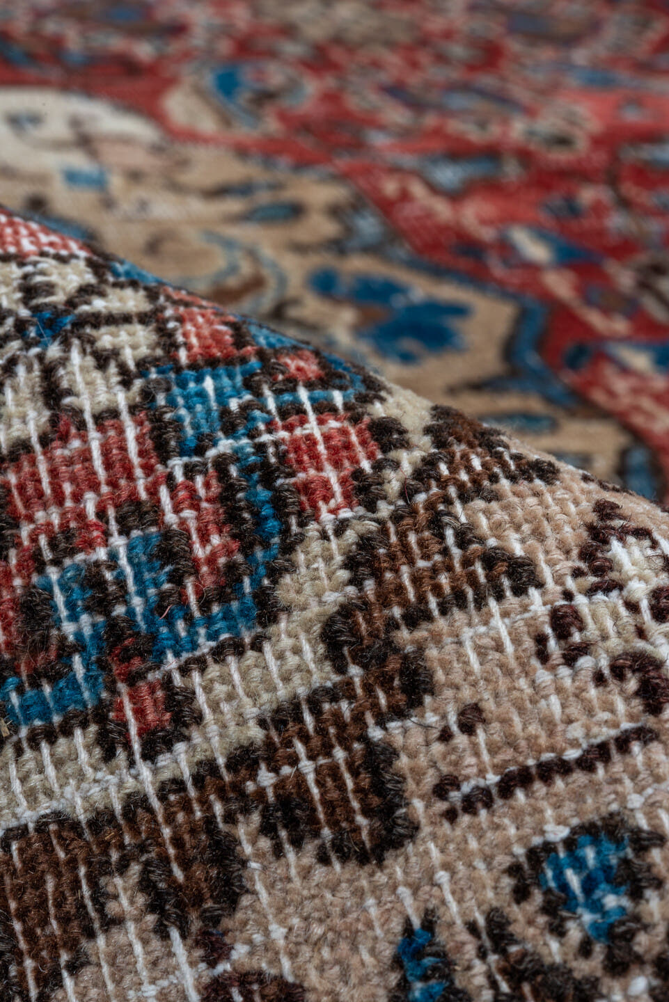 9' x 12' one-of-a-kind handmade vintage Sivas large size rug. Color palette: ivory, red, blue, brown, taupe, charcoal, beige