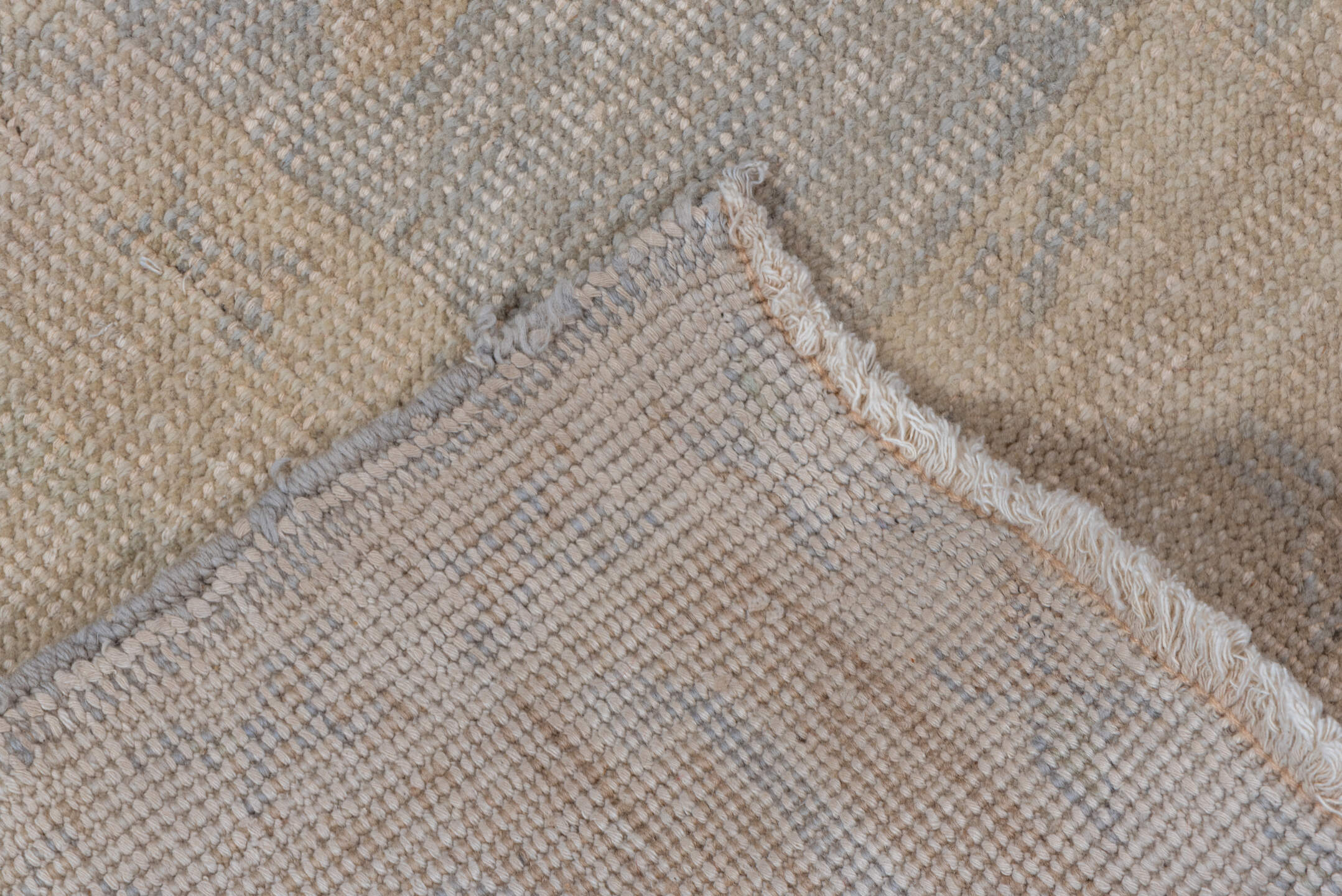 5' x 5' one-of-a-kind handmade vintage Oushak rug. Color palette: ivory, cream, beige, taupe, pale gold, light gray, gray