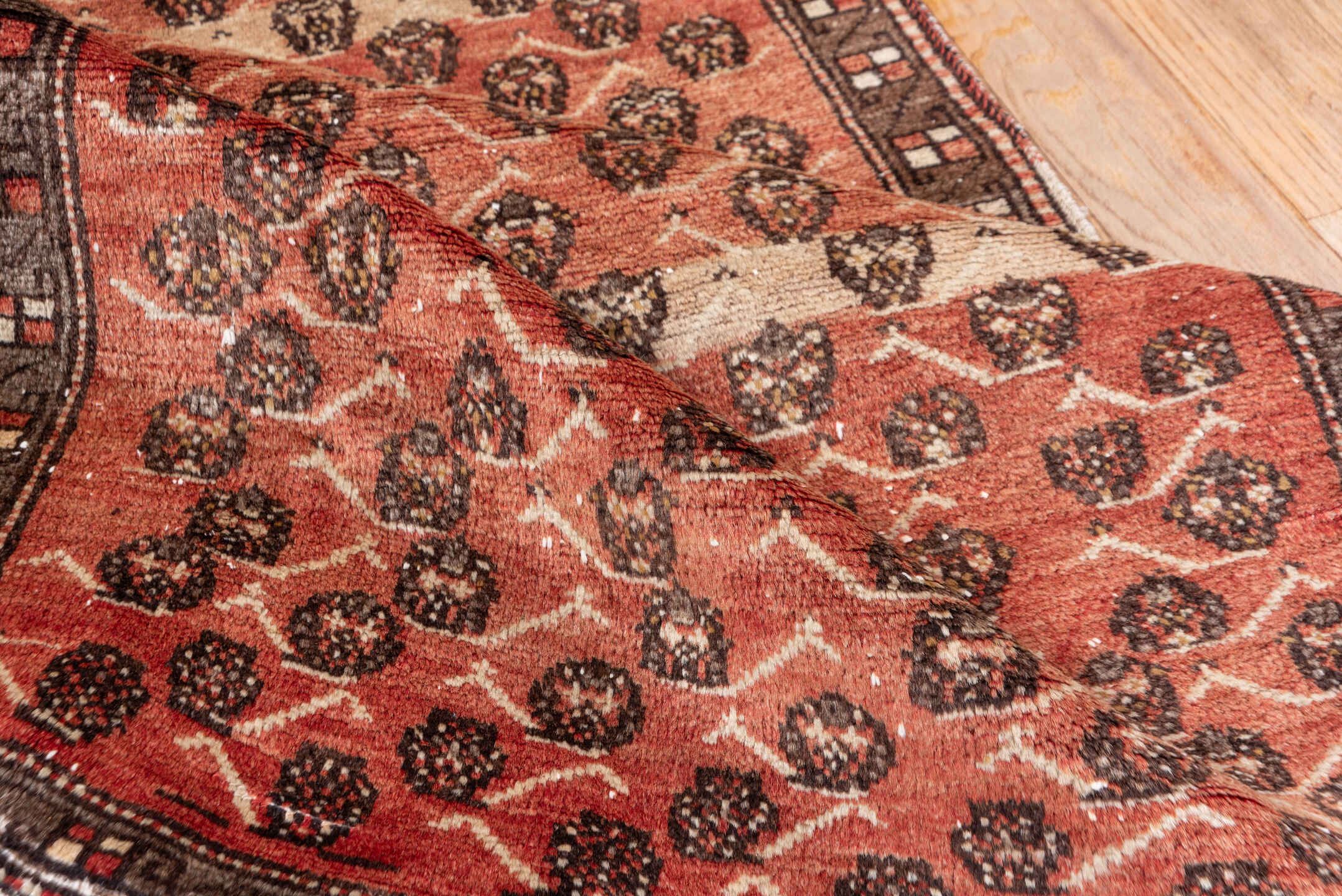 3' x 8' one-of-a-kind handmade vintage Oushak runner rug. Color palette: brown, gray, light gray, off-white, orange, pink