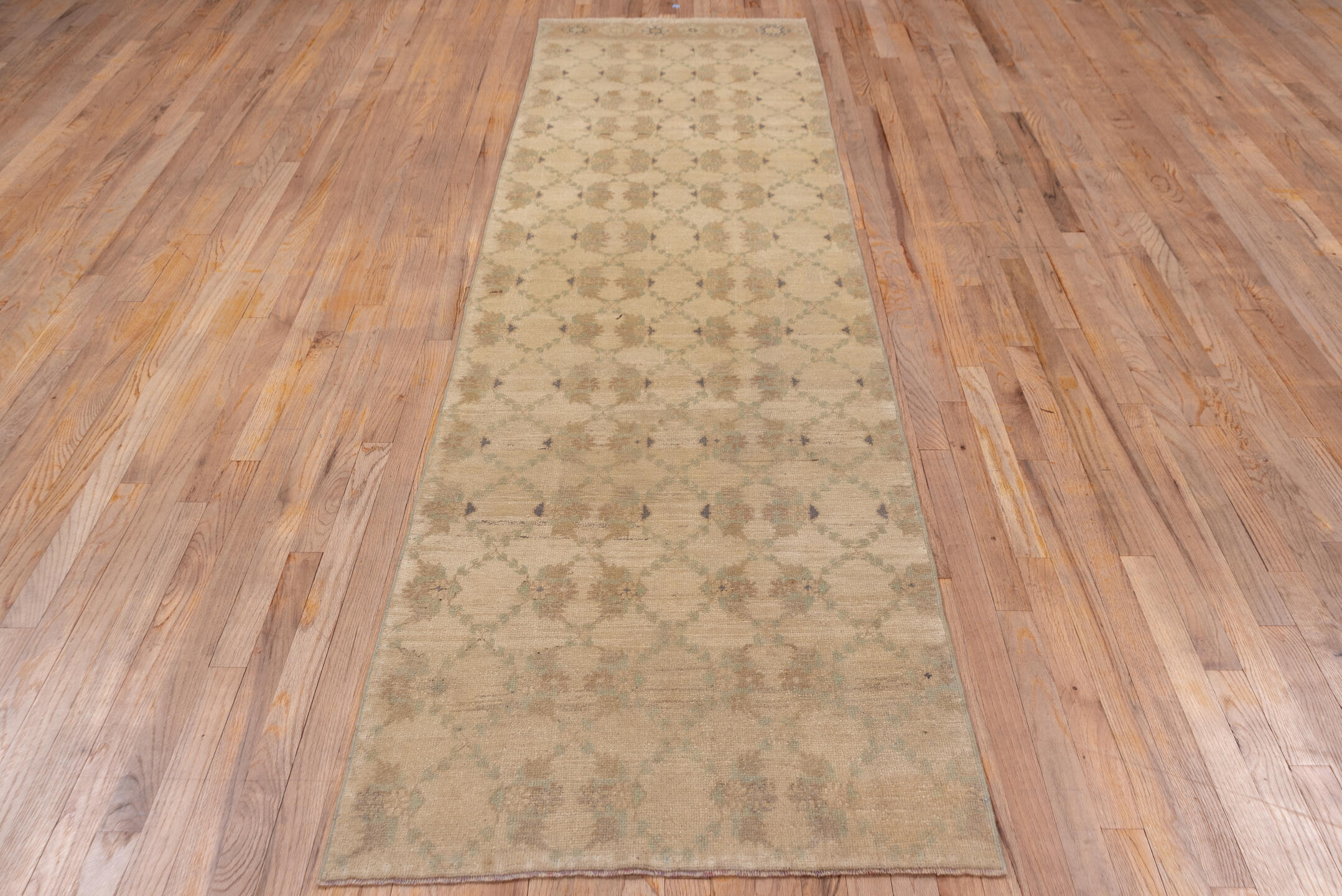 2' x 10' one-of-a-kind handmade vintage Oushak runner rug. Color palette: brown, gainsboro, gray, light gray, off-white