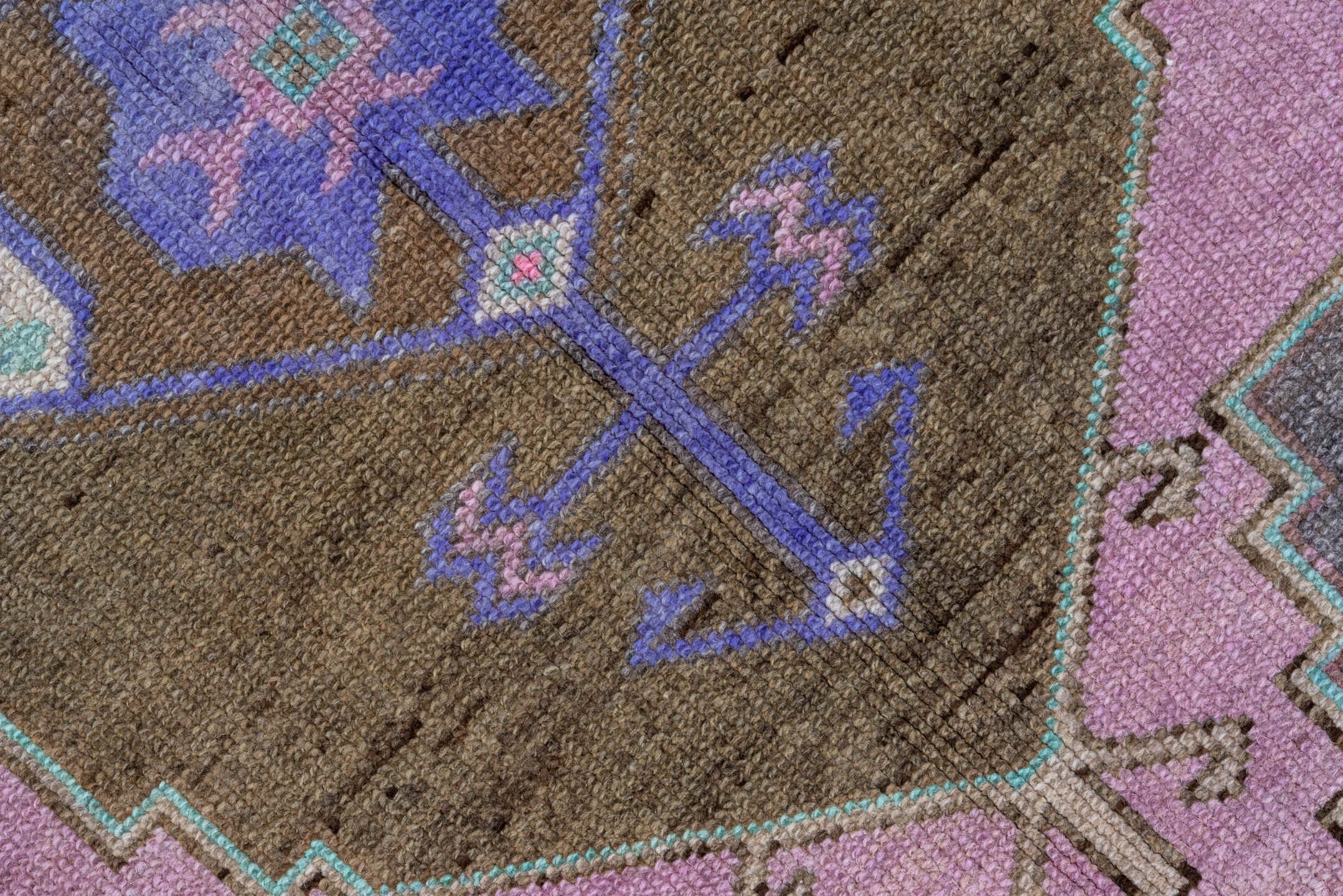 5' x 14' one-of-a-kind handmade vintage Kars rug. Color palette: taupe, brown, blush, lavender, aqua, ivory, charcoal, beige
