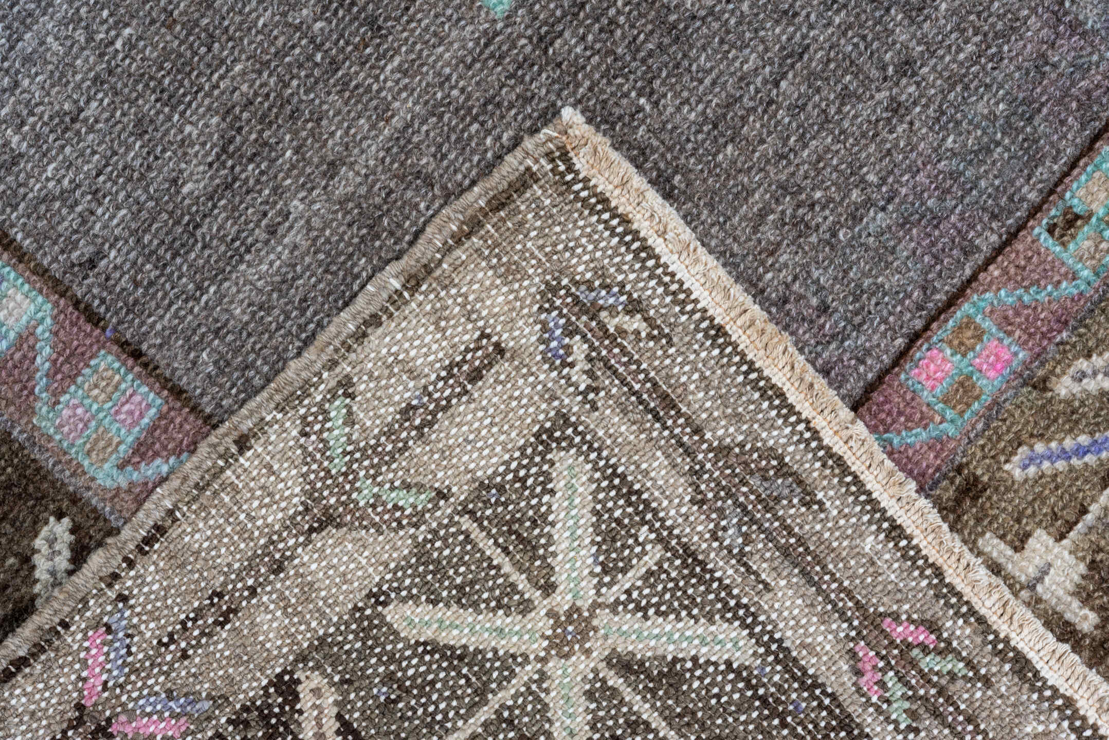 5' x 14' one-of-a-kind handmade vintage Kars rug. Color palette: taupe, brown, blush, lavender, aqua, ivory, charcoal, beige