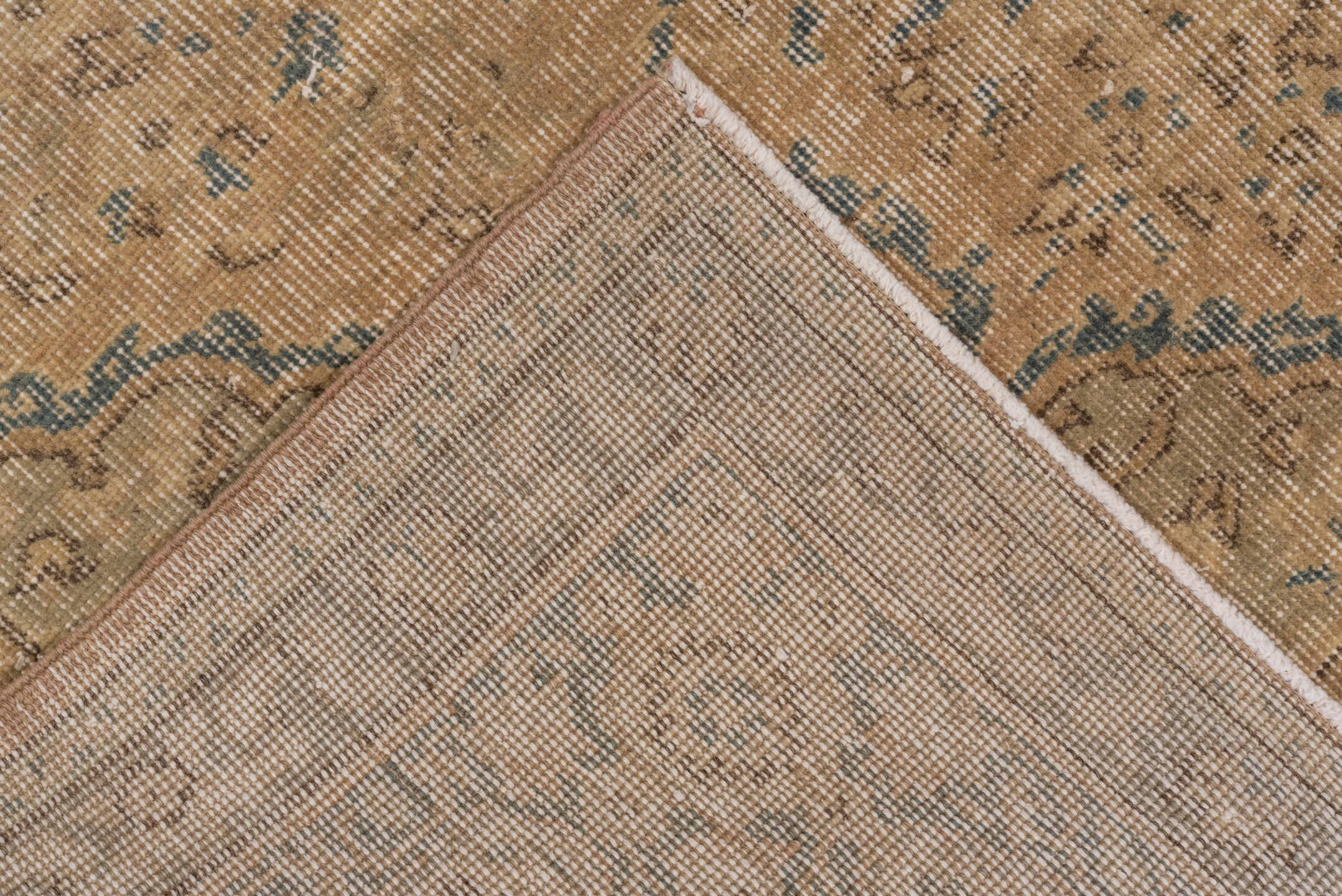 7' x 10' one-of-a-kind handmade vintage Oushak large size rug. Color palette: beige, ivory, faded blue, taupe, sand, blue