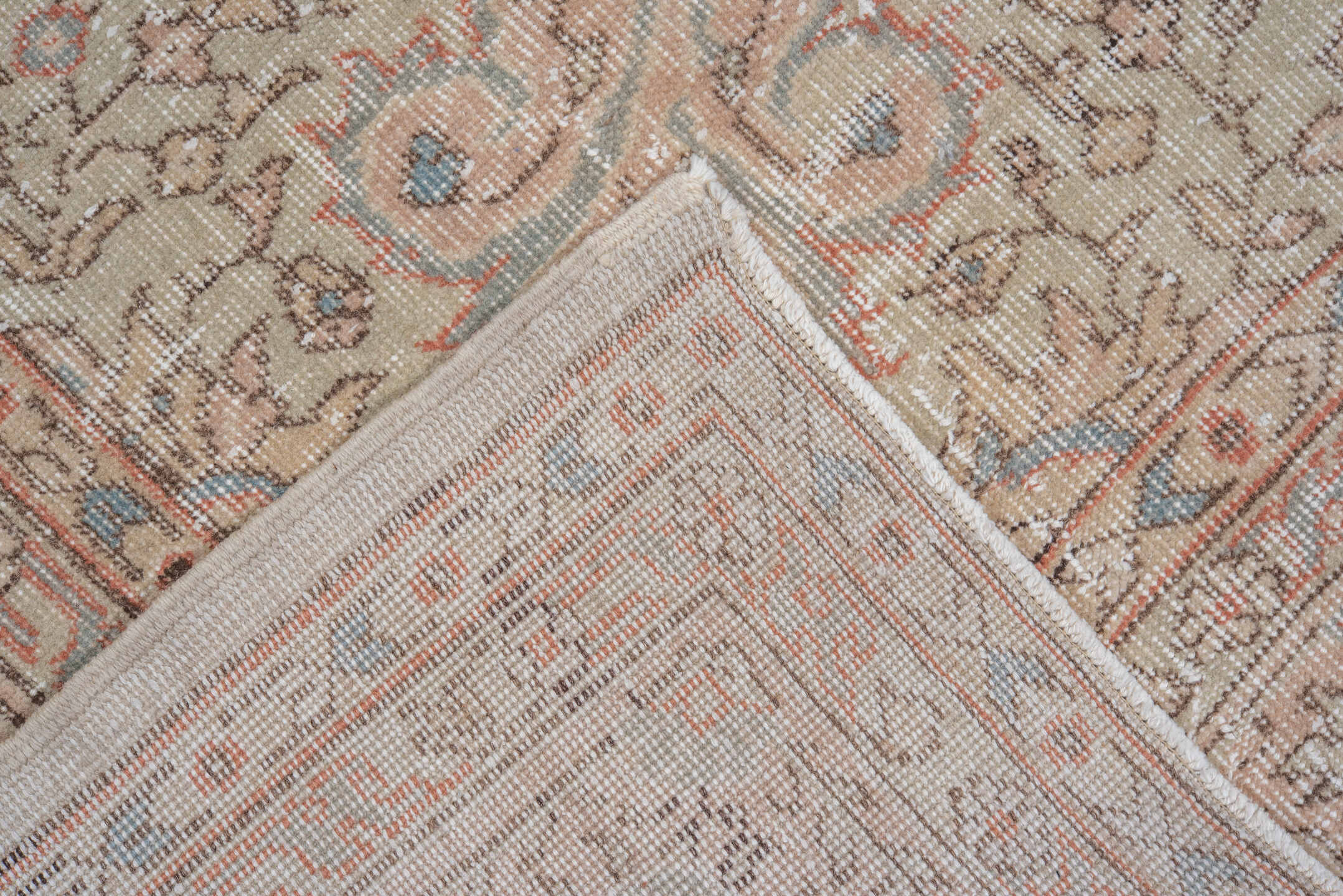8' x 11' one-of-a-kind handmade vintage Oushak large size rug. Color palette: ivory, taupe, blush, light blue, beige, camel