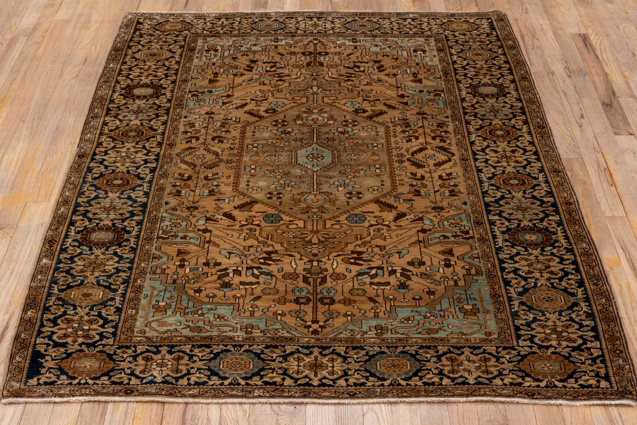 4' x 6' one-of-a-kind handmade antique Far.Sarouk small size rug. Color palette: camel, navy, ivory, taupe, walnut, sage