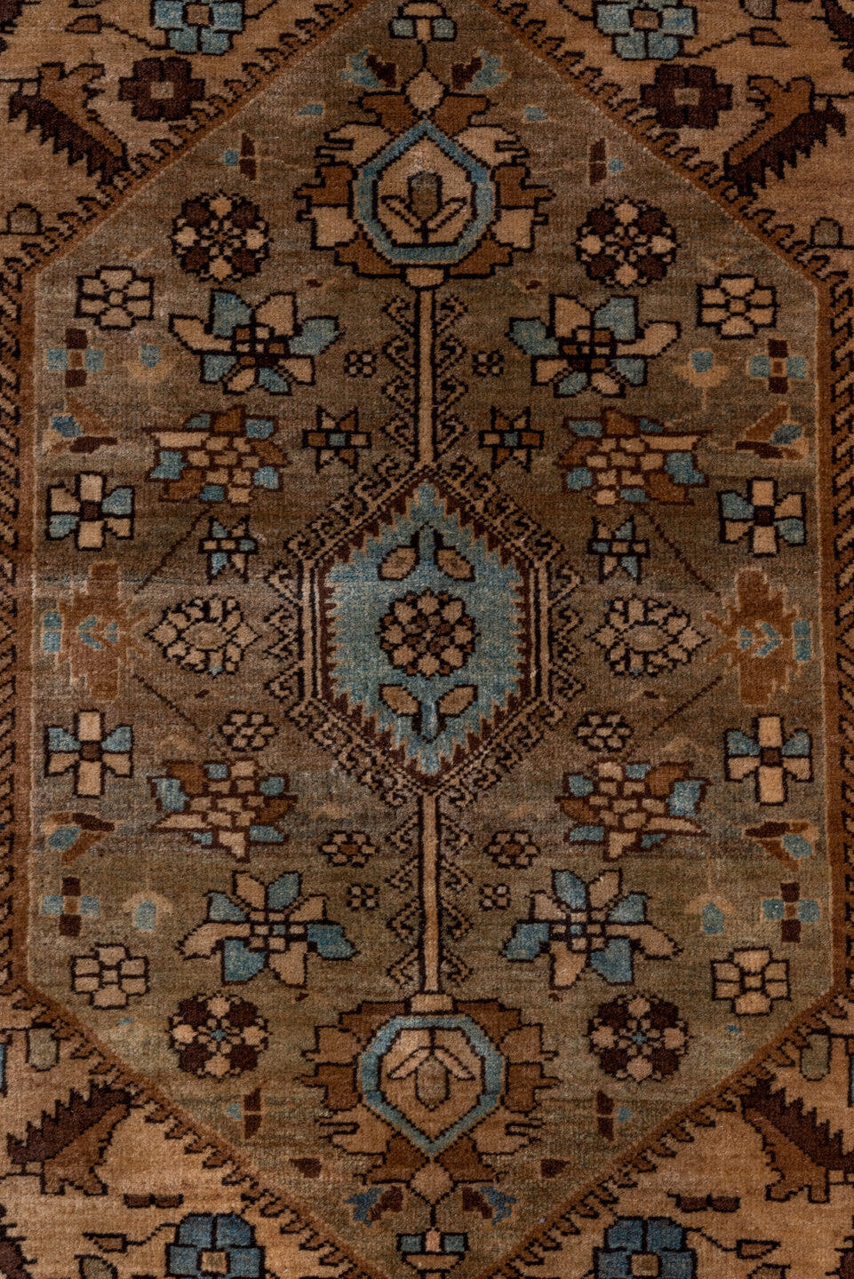 4' x 6' one-of-a-kind handmade antique Far.Sarouk small size rug. Color palette: camel, navy, ivory, taupe, walnut, sage