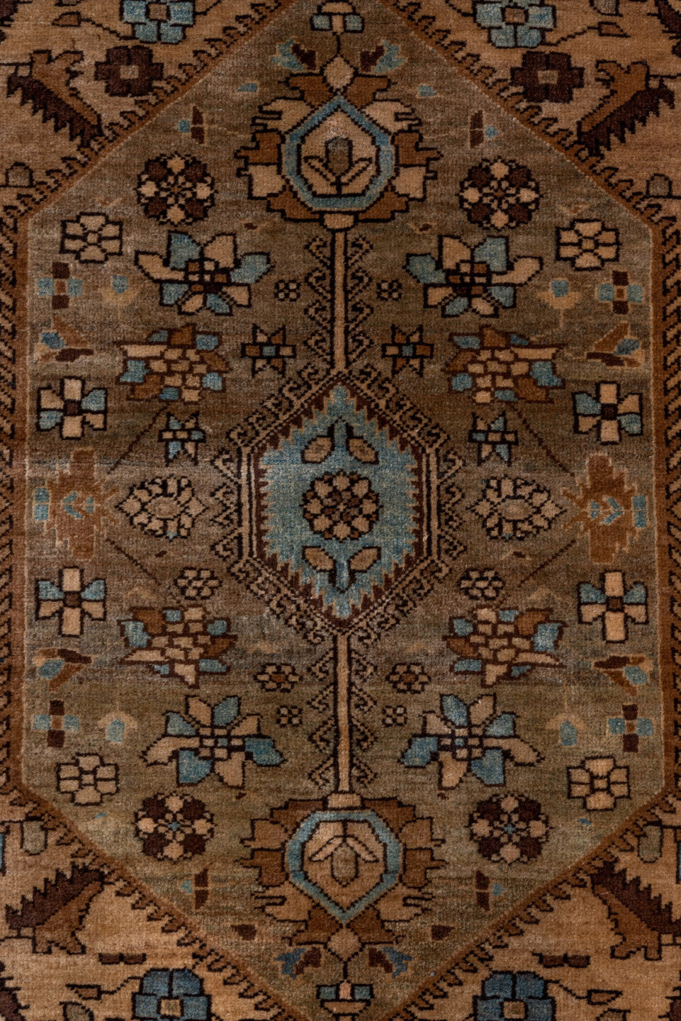 4' x 6' one-of-a-kind handmade antique Far.Sarouk small size rug. Color palette: camel, navy, ivory, taupe, walnut, sage