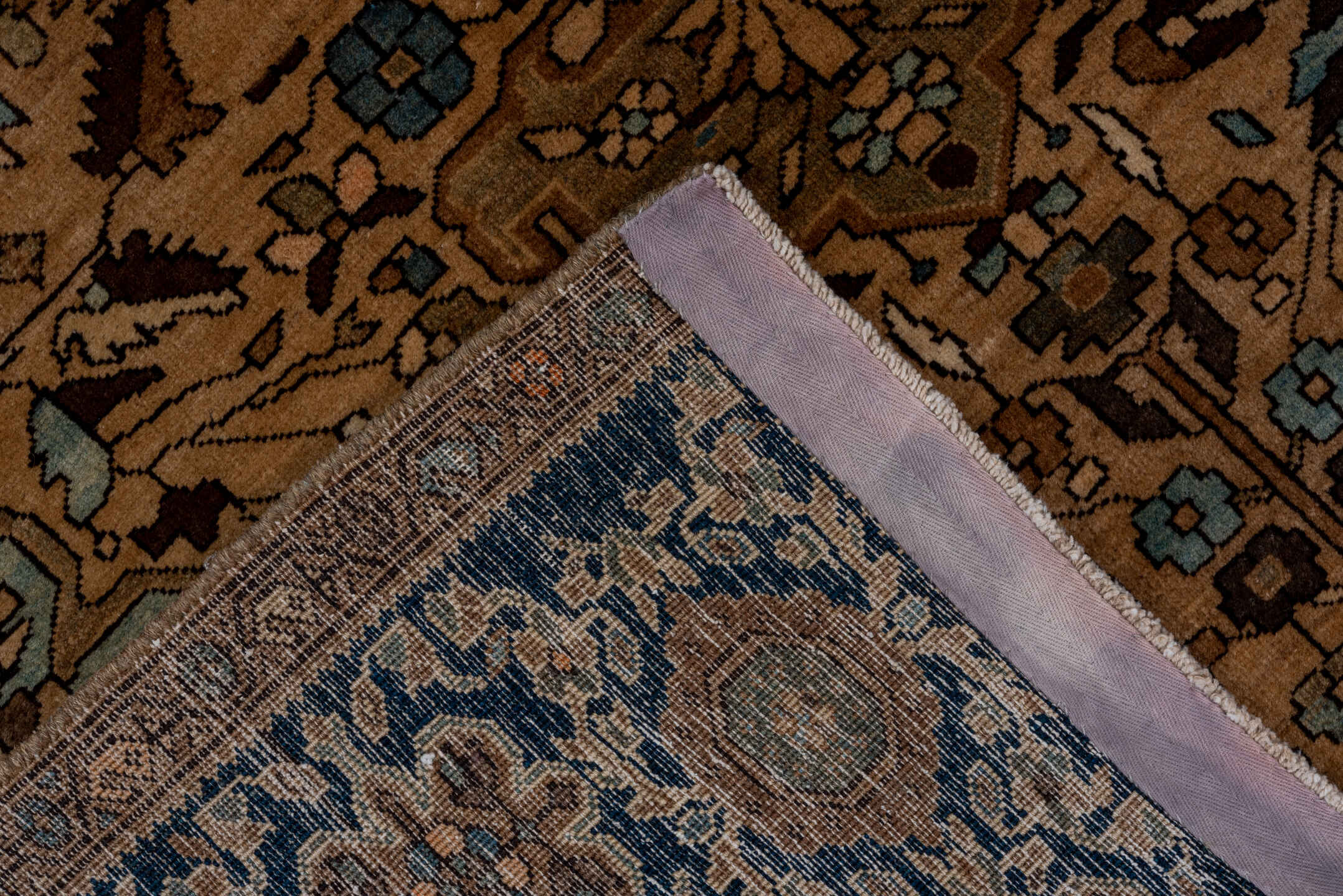 4' x 6' one-of-a-kind handmade antique Far.Sarouk small size rug. Color palette: camel, navy, ivory, taupe, walnut, sage