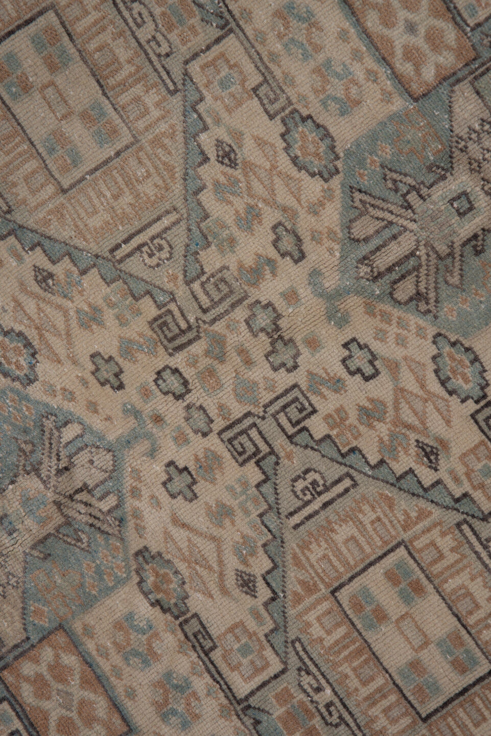 6' x 9' one-of-a-kind handmade vintage Kaisary medium size rug. Color palette: ivory, pale blue, taupe, beige, slate, camel