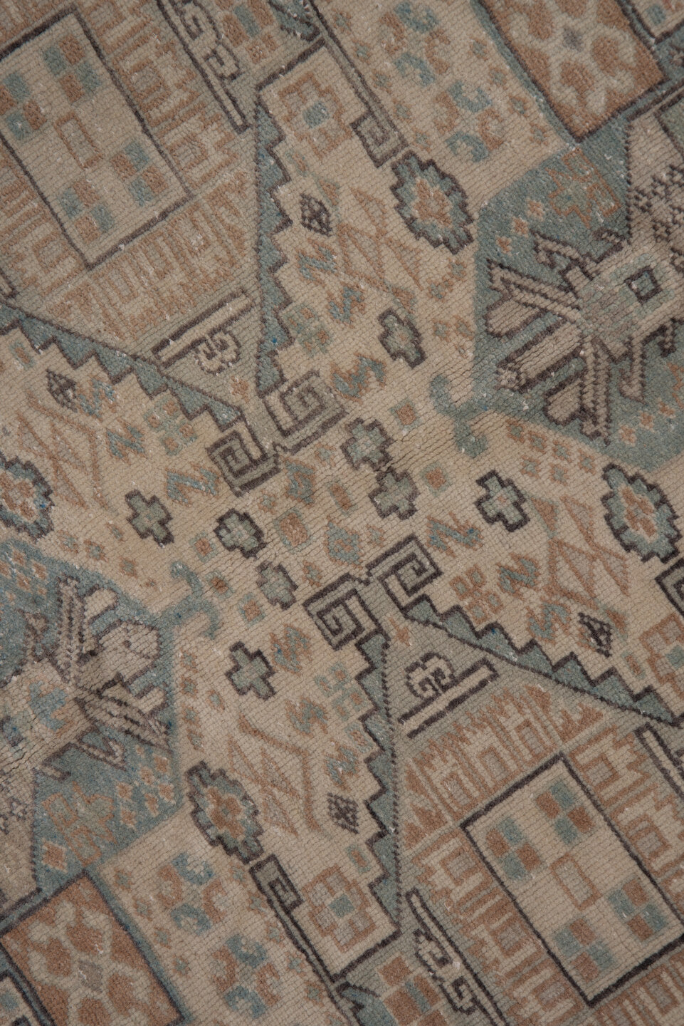 6' x 9' one-of-a-kind handmade vintage Kaisary medium size rug. Color palette: ivory, pale blue, taupe, beige, slate, camel