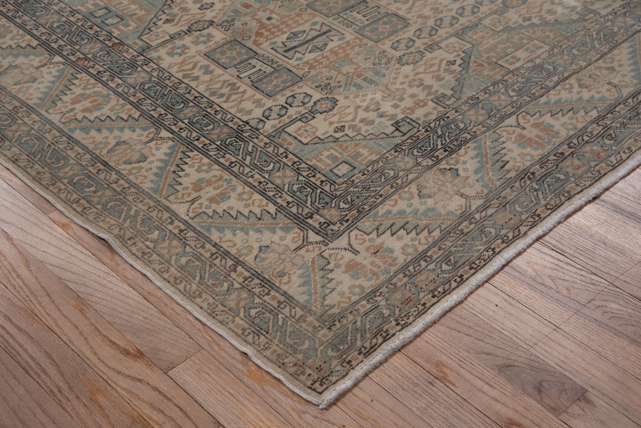 6' x 9' one-of-a-kind handmade vintage Kaisary medium size rug. Color palette: ivory, pale blue, taupe, beige, slate, camel