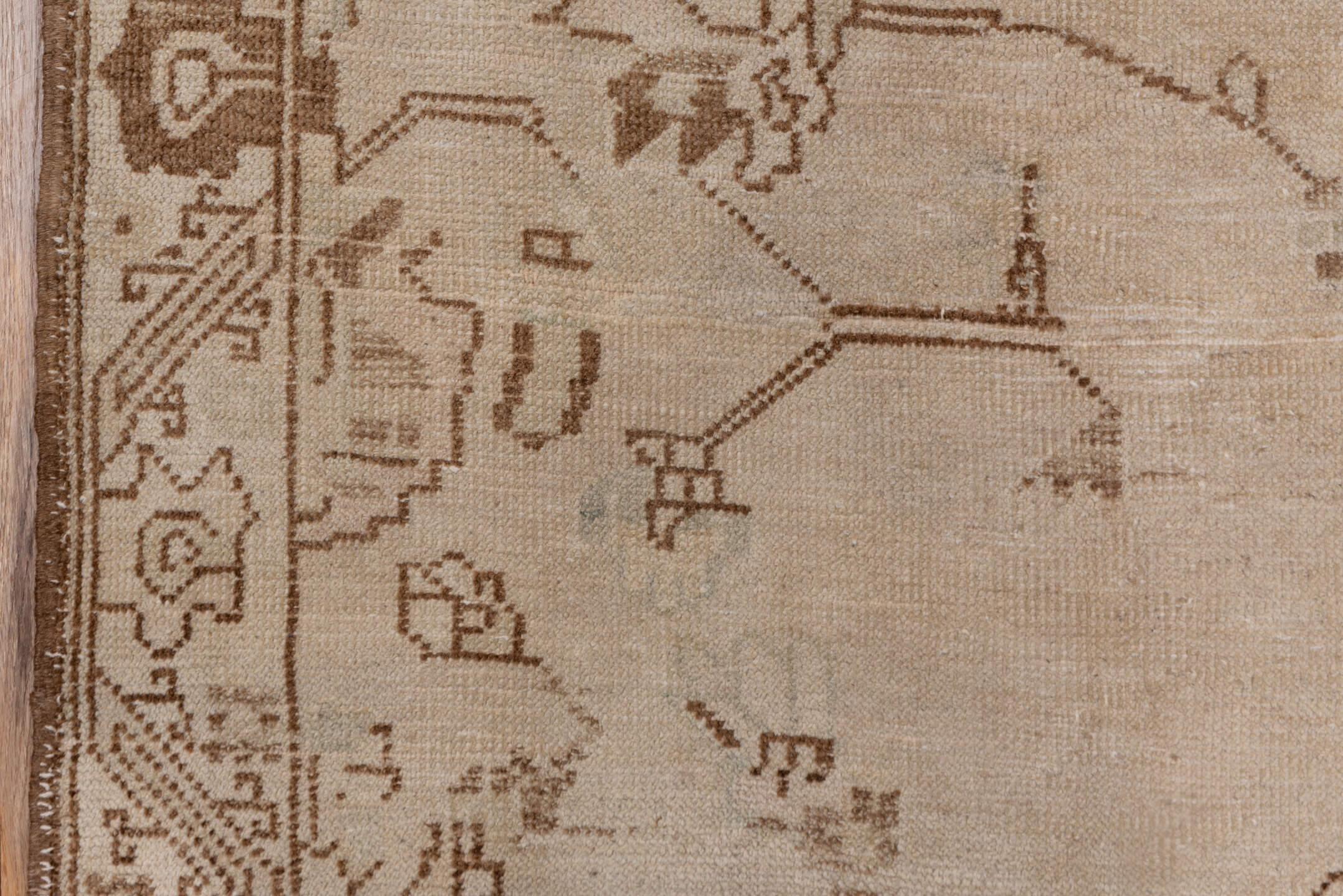 4' x 10' one-of-a-kind handmade vintage Oushak runner rug. Color palette: brown, gray, light gray, off-white, pink, snow