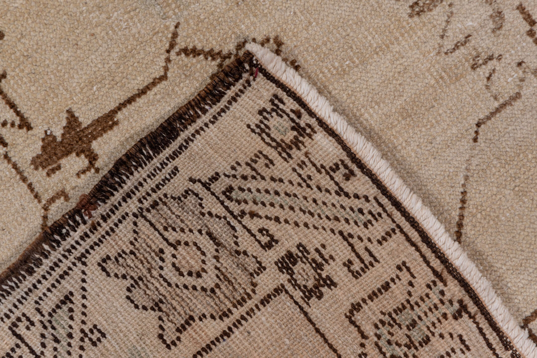 4' x 10' one-of-a-kind handmade vintage Oushak runner rug. Color palette: brown, gray, light gray, off-white, pink, snow