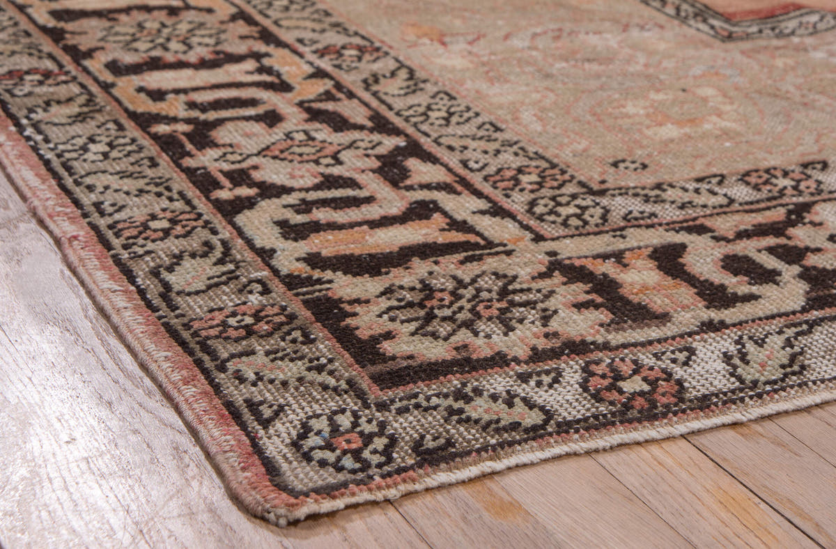 7' x 12' one-of-a-kind handmade vintage Oushak large size rug. Color palette: blush, ivory, charcoal, taupe, rose, beige