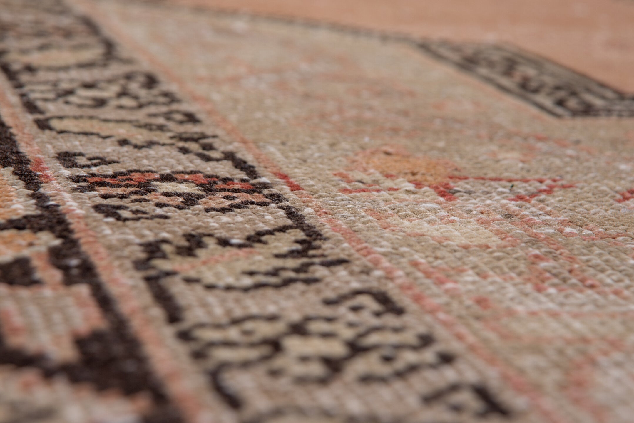 7' x 12' one-of-a-kind handmade vintage Oushak large size rug. Color palette: blush, ivory, charcoal, taupe, rose, beige