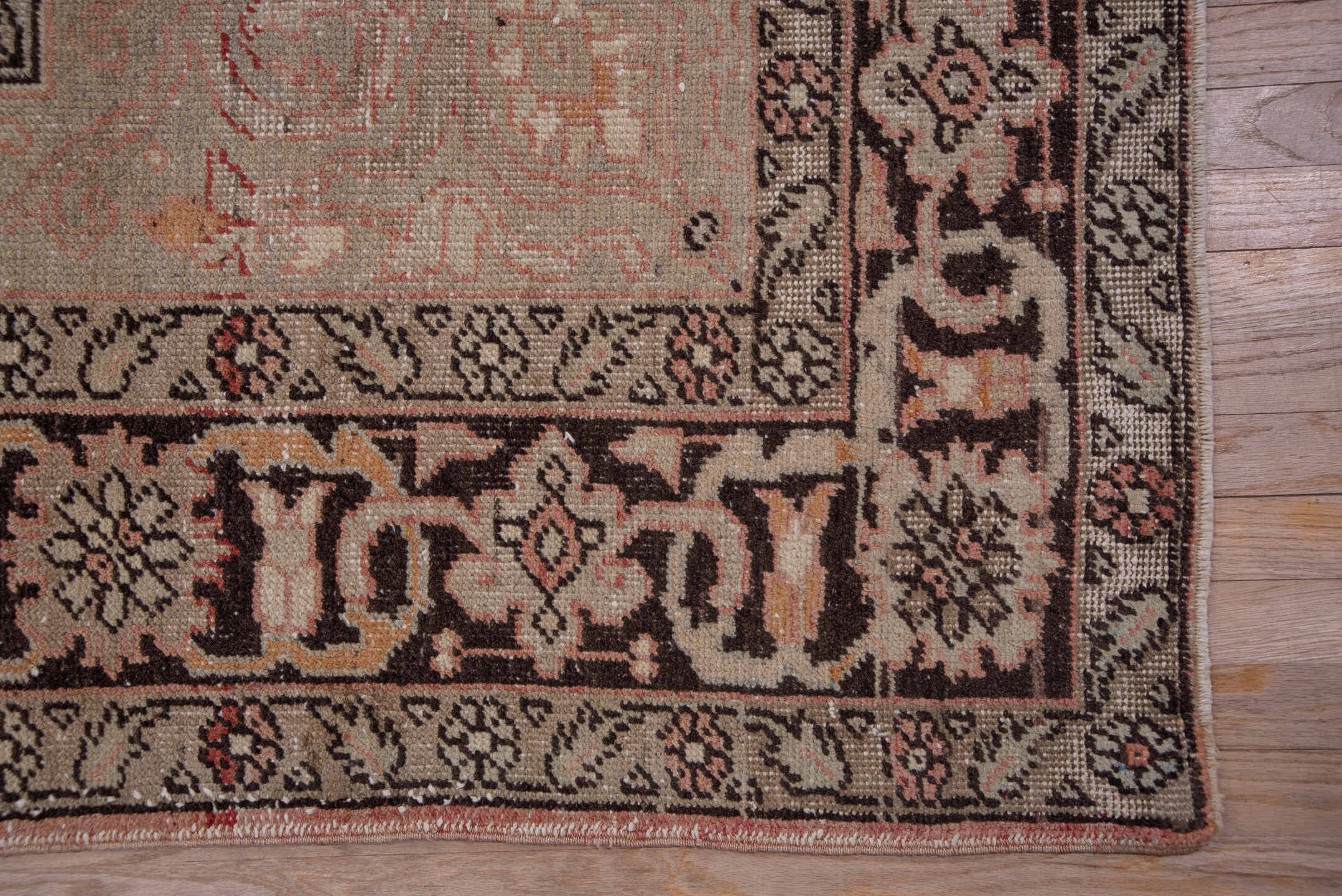 7' x 12' one-of-a-kind handmade vintage Oushak large size rug. Color palette: black, blue, brown, gray, green, light gray