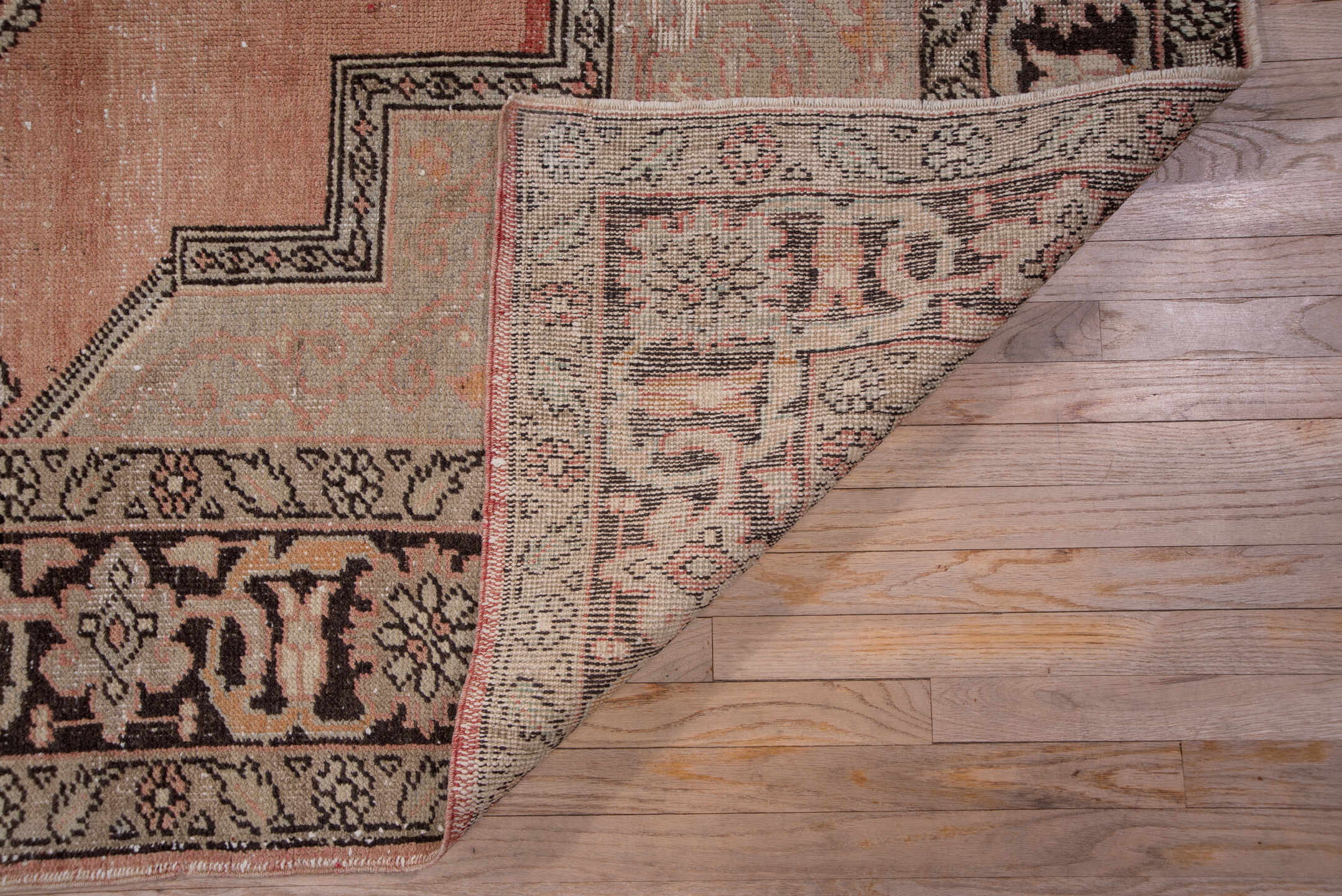 7' x 12' one-of-a-kind handmade vintage Oushak large size rug. Color palette: blush, ivory, charcoal, taupe, rose, beige