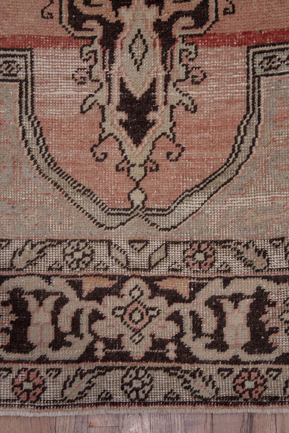 7' x 12' one-of-a-kind handmade vintage Oushak large size rug. Color palette: blush, ivory, charcoal, taupe, rose, beige