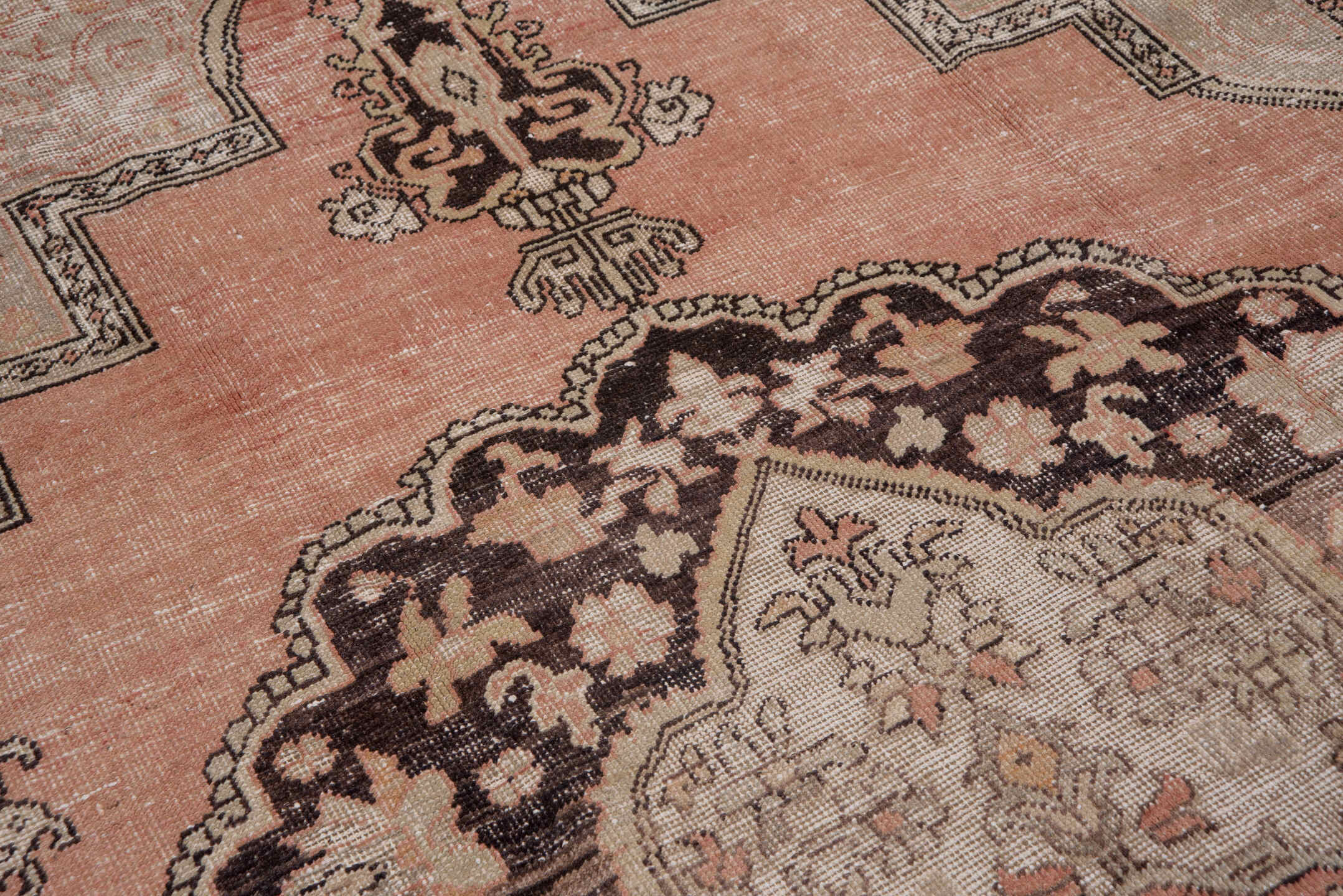 7' x 12' one-of-a-kind handmade vintage Oushak large size rug. Color palette: blush, ivory, charcoal, taupe, rose, beige