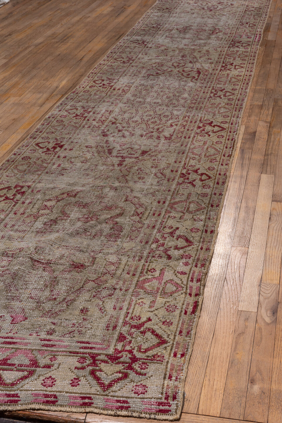 3' x 22' one-of-a-kind handmade vintage Oushak runner rug. Color palette: ivory, rose, blush, taupe, crimson, pink, red